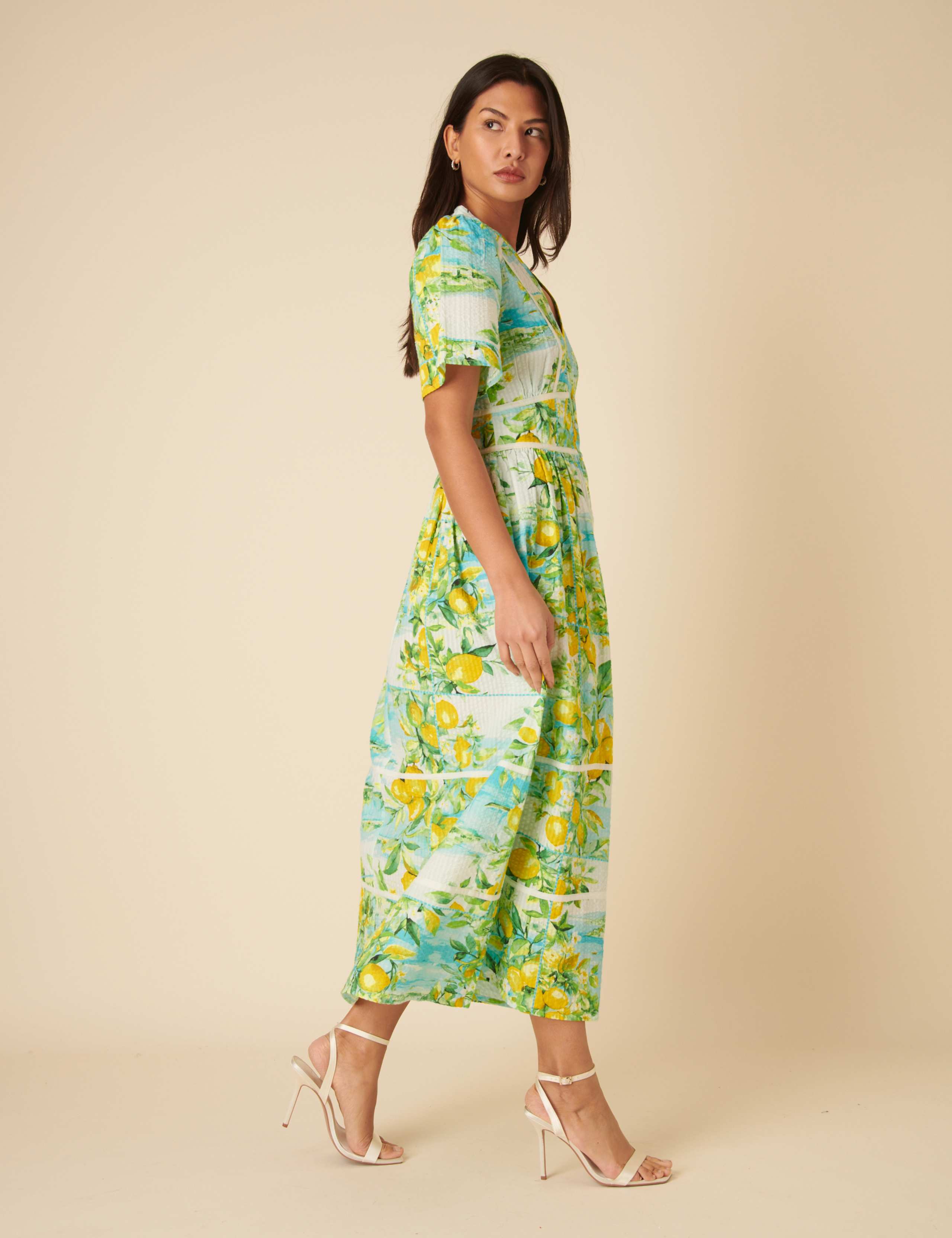 Pure Cotton Lemon Print V-Neck Button Front Midaxi Waisted Dress 2 of 5