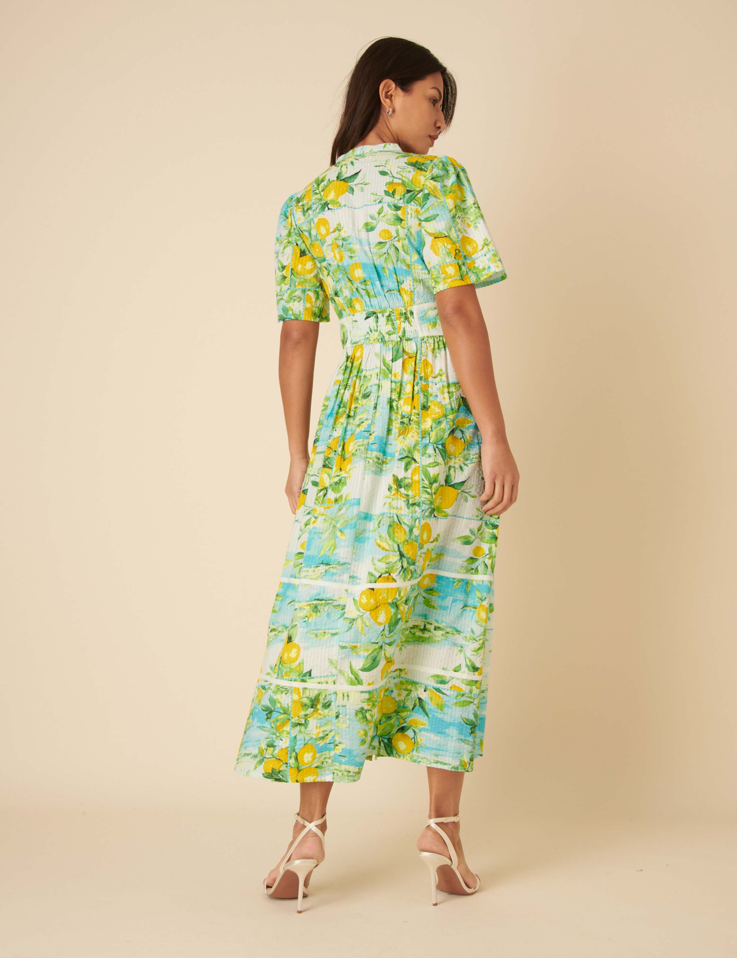 Pure Cotton Lemon Print V-Neck Button Front Midaxi Waisted Dress 3 of 5