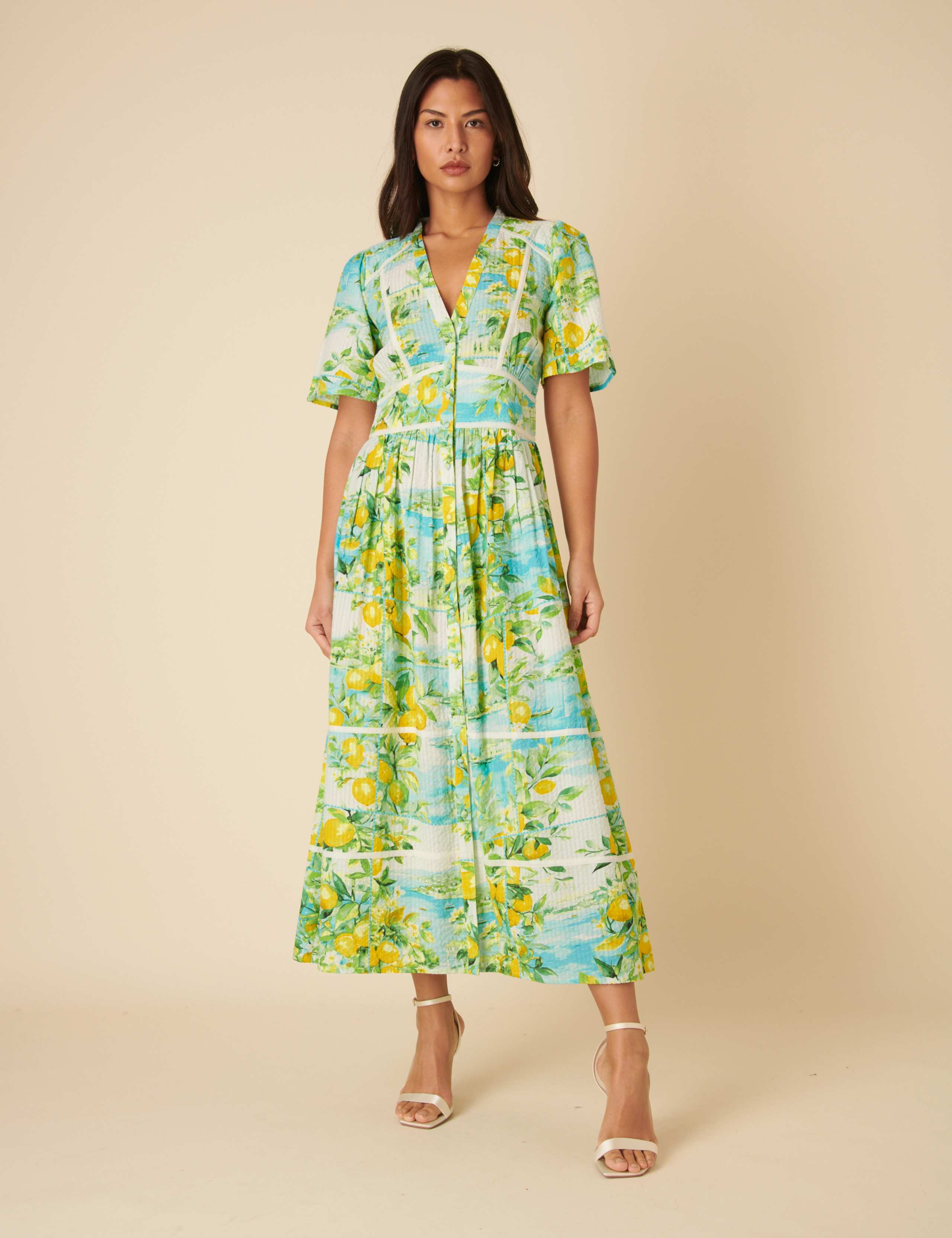 Pure Cotton Lemon Print V-Neck Button Front Midaxi Waisted Dress 5 of 5
