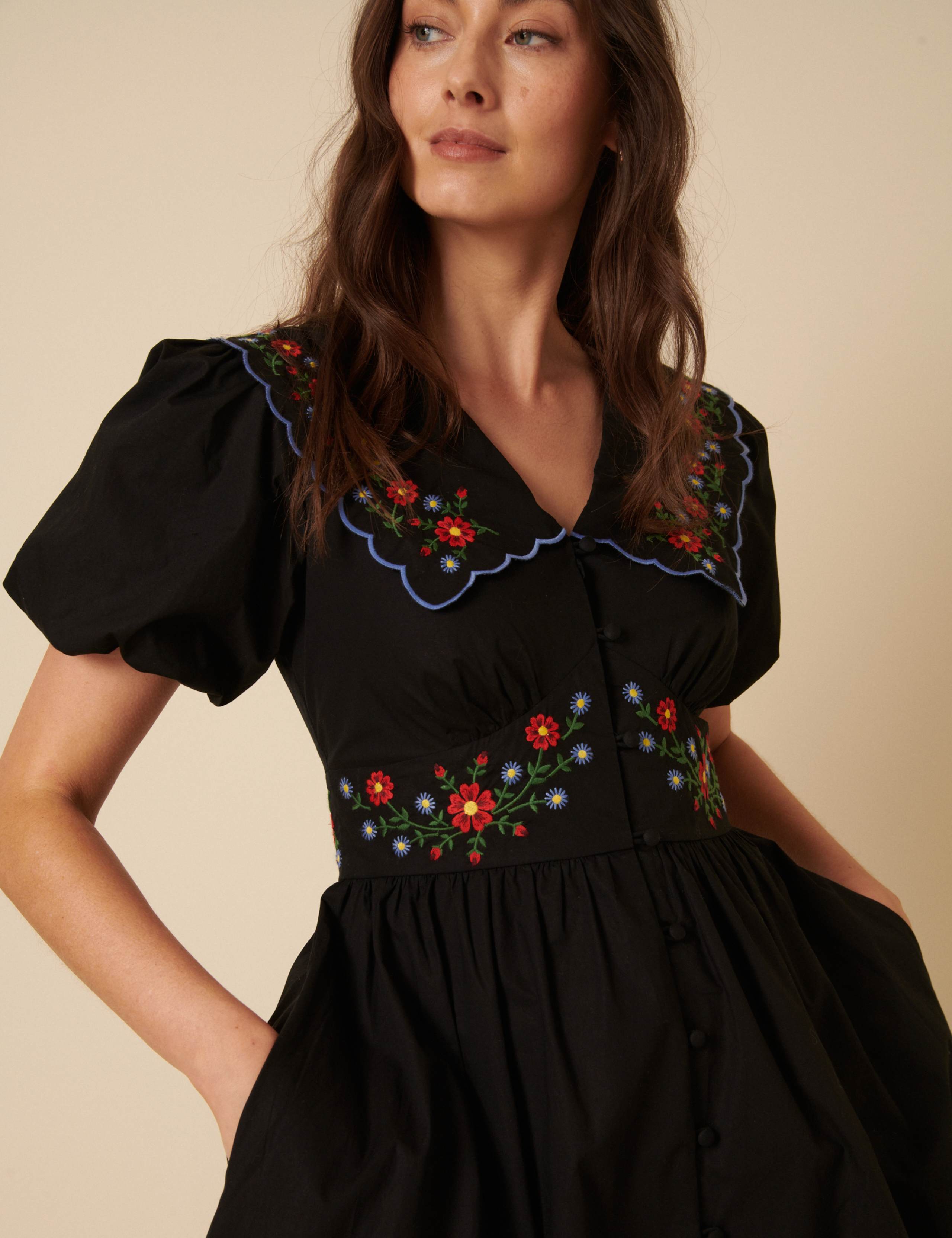 Pure Cotton Embroidered Midi Waisted Dress 4 of 4