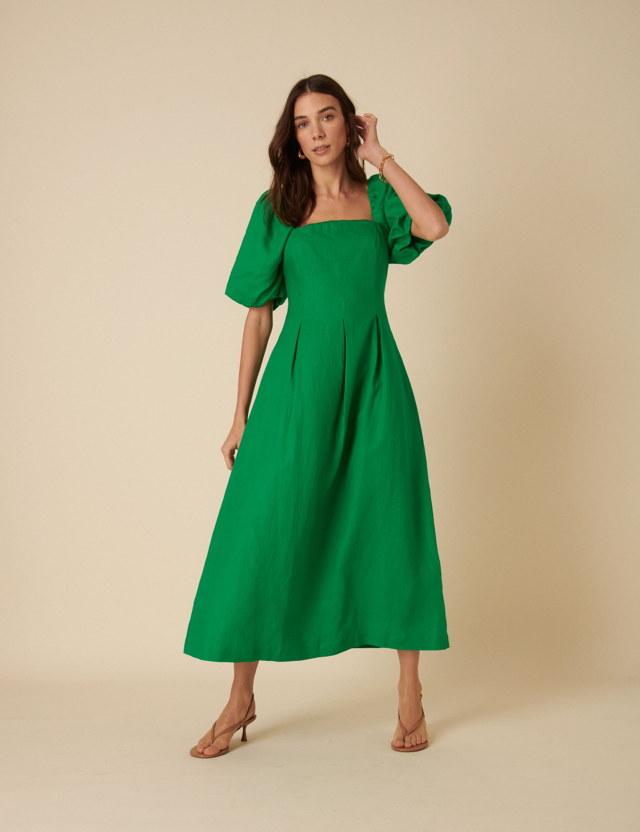 Pure Linen Square Neck Puff Sleeve Midi Dress 2 of 5
