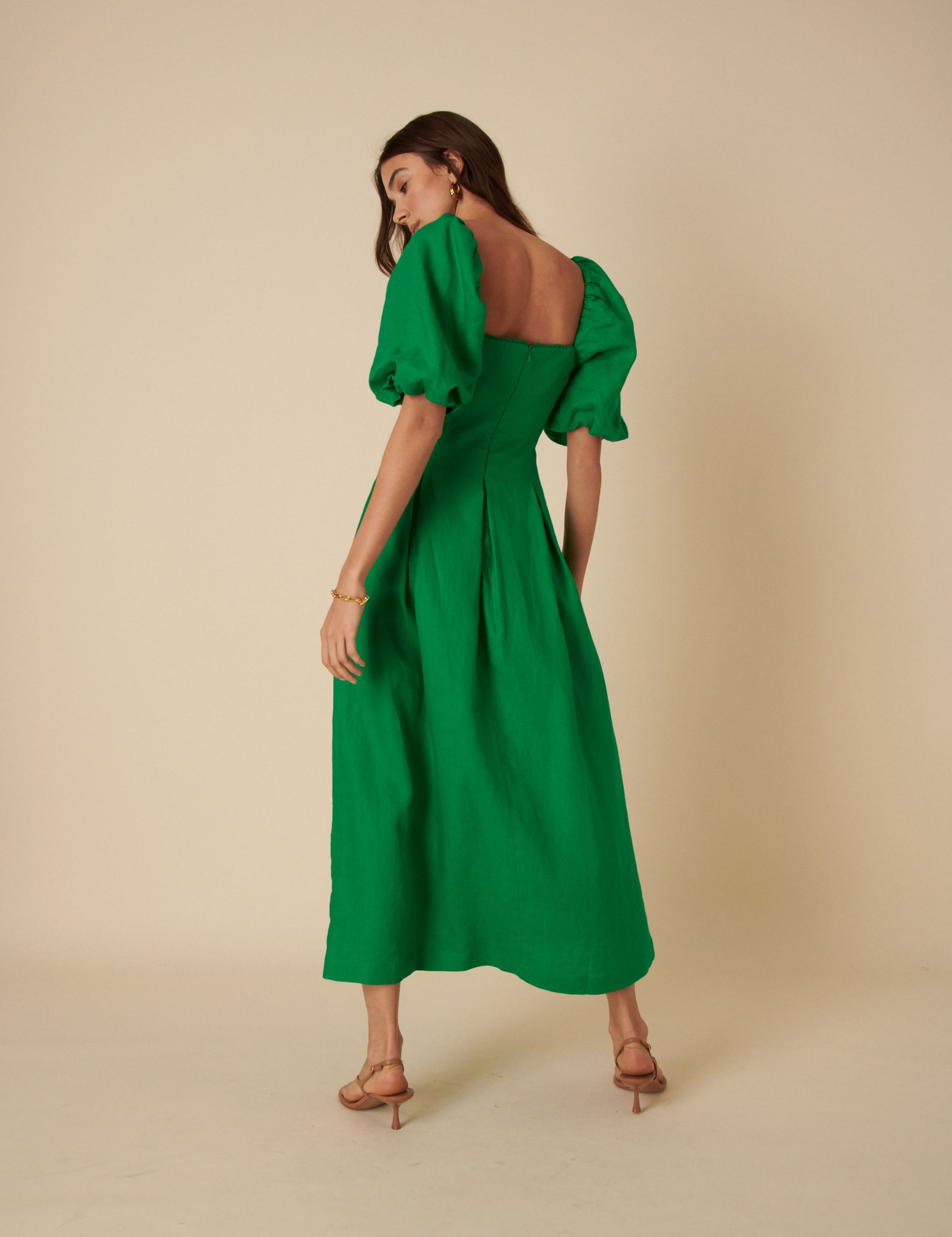 Pure Linen Square Neck Puff Sleeve Midi Dress 3 of 5