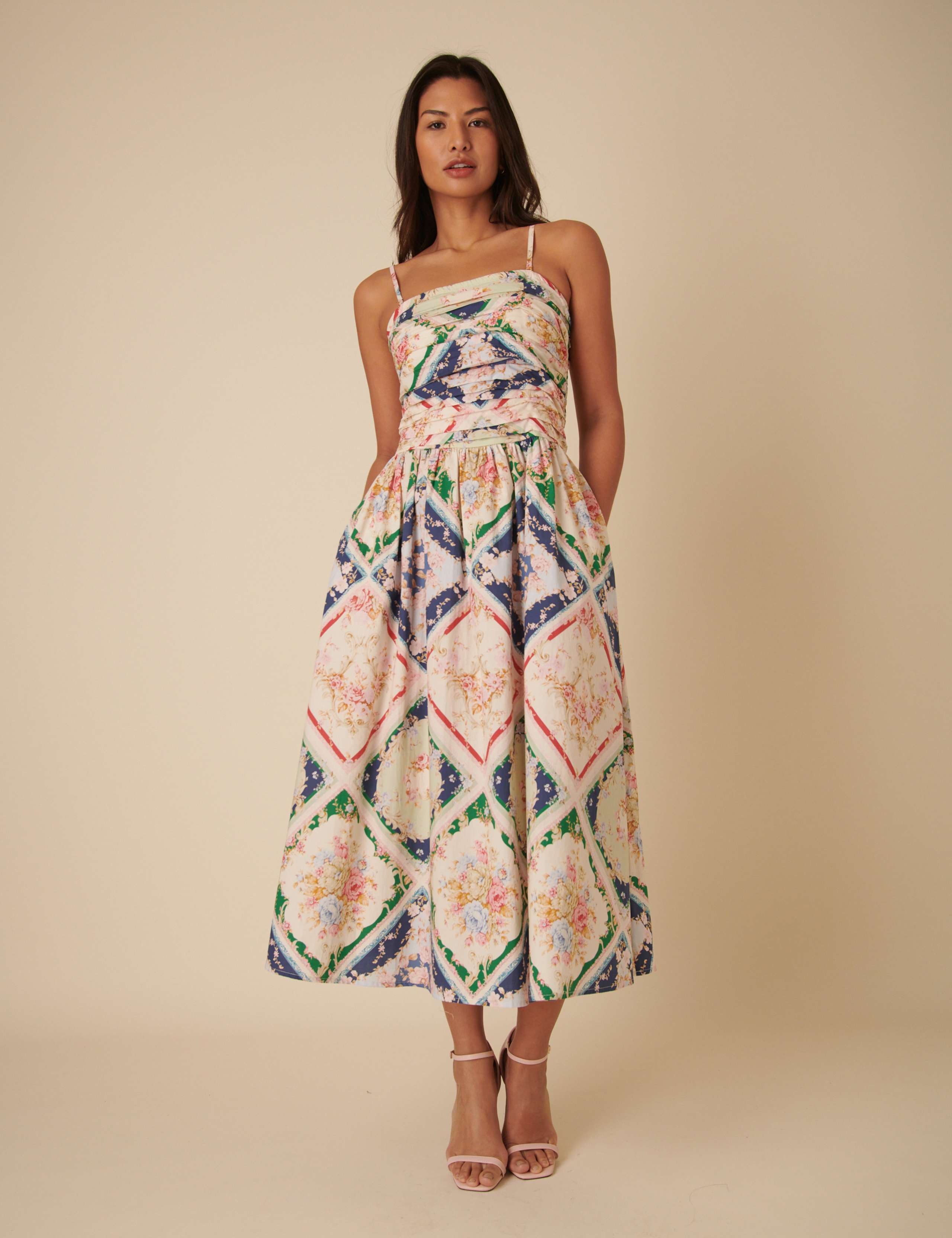 Pure Cotton Scarf Print Square Neck Strappy Midaxi Waisted Dress 2 of 4