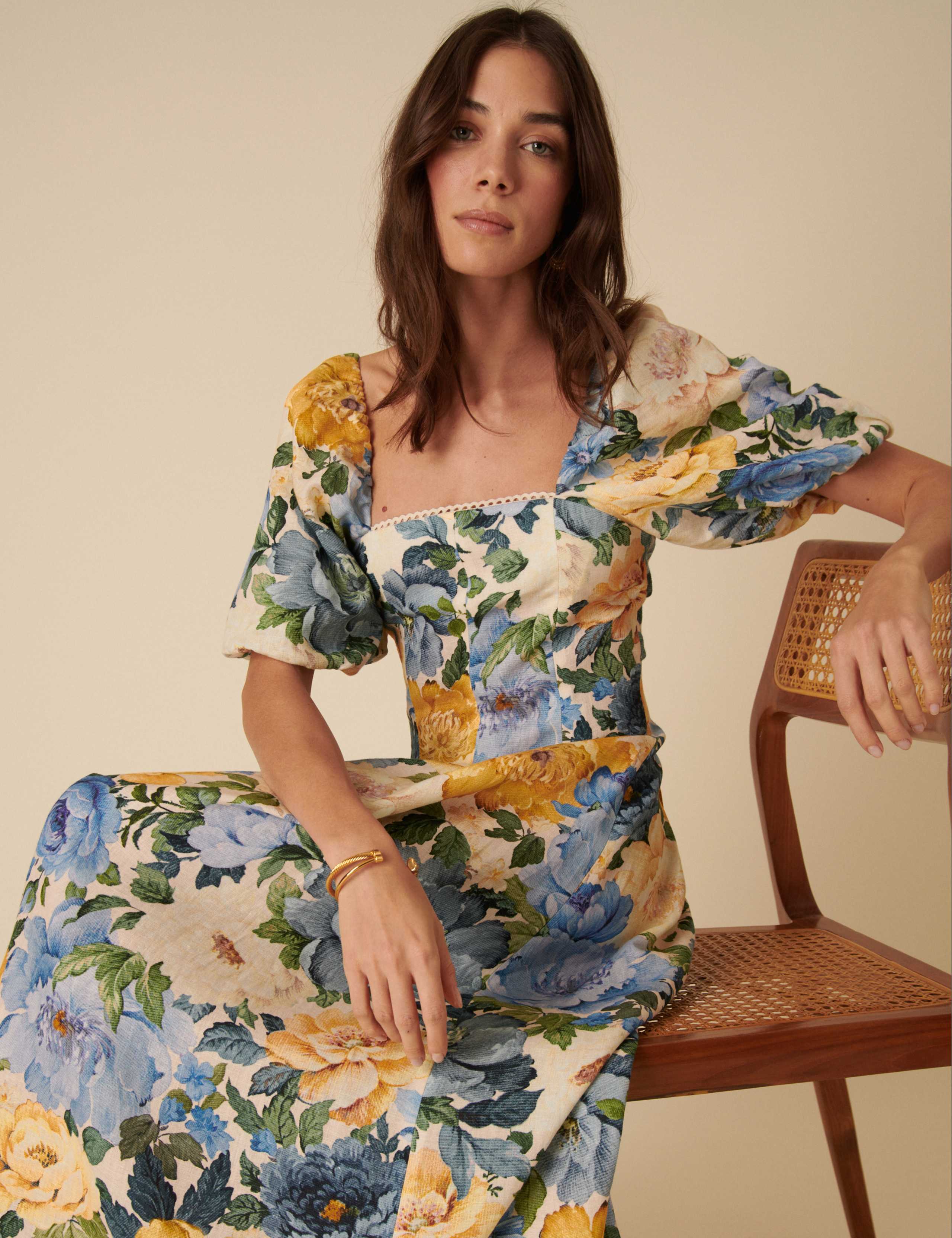 Pure Linen Floral Square Neck Waisted Dress 2 of 5