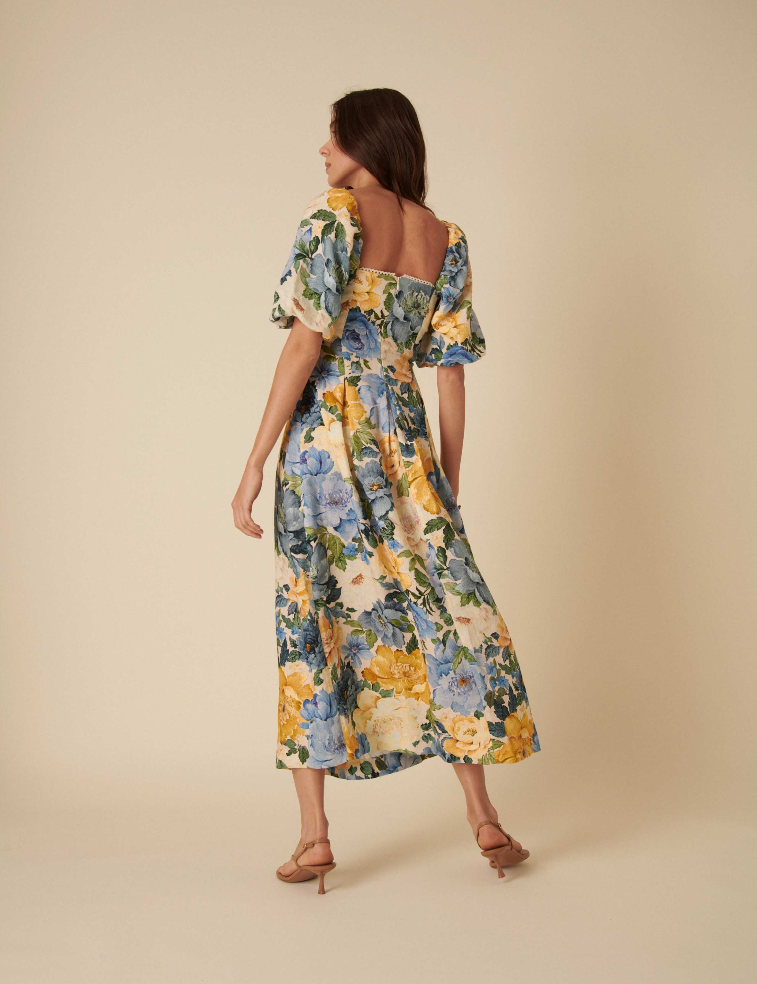 Pure Linen Floral Square Neck Waisted Dress 3 of 5