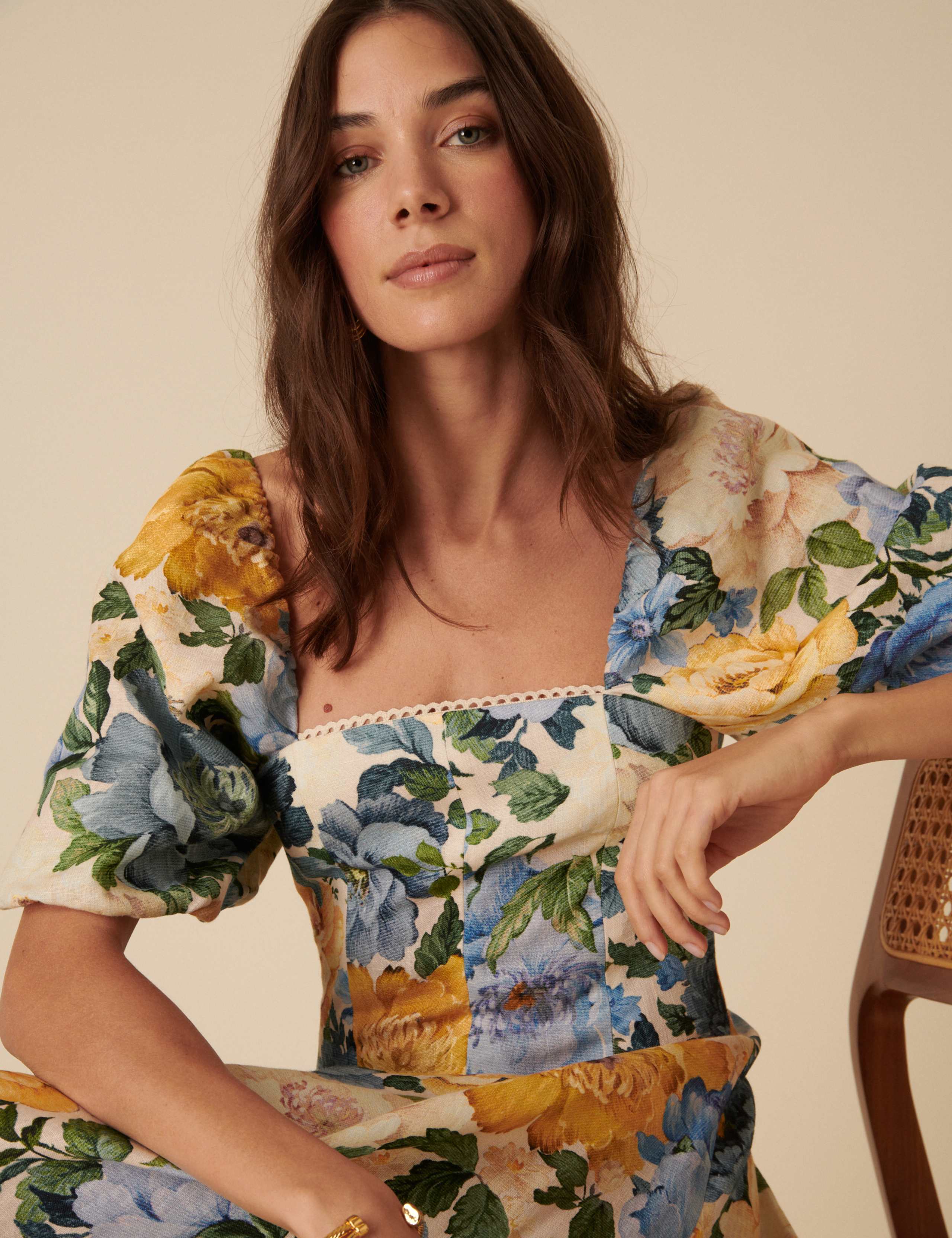 Pure Linen Floral Square Neck Waisted Dress 4 of 5