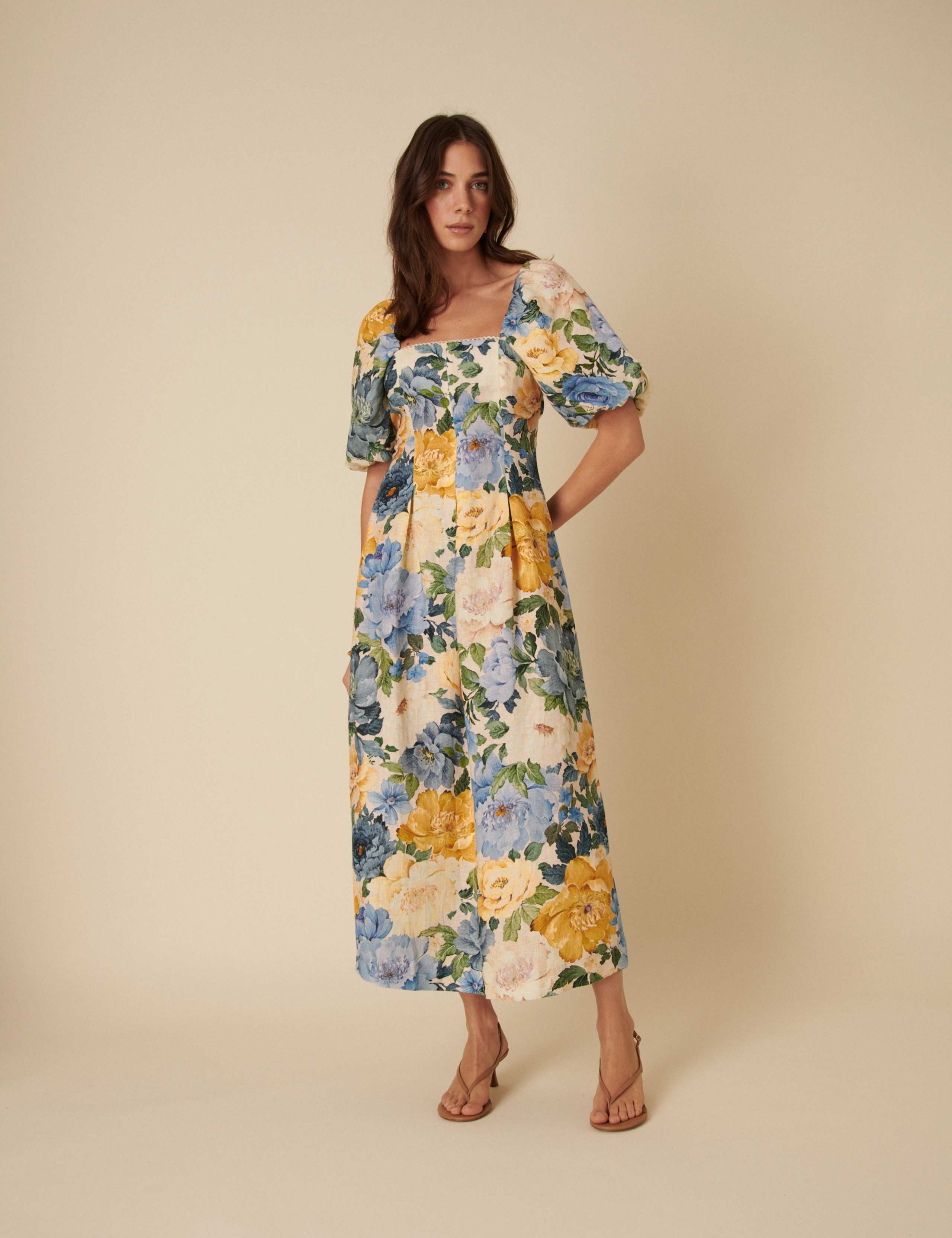 Pure Linen Floral Square Neck Waisted Dress 5 of 5