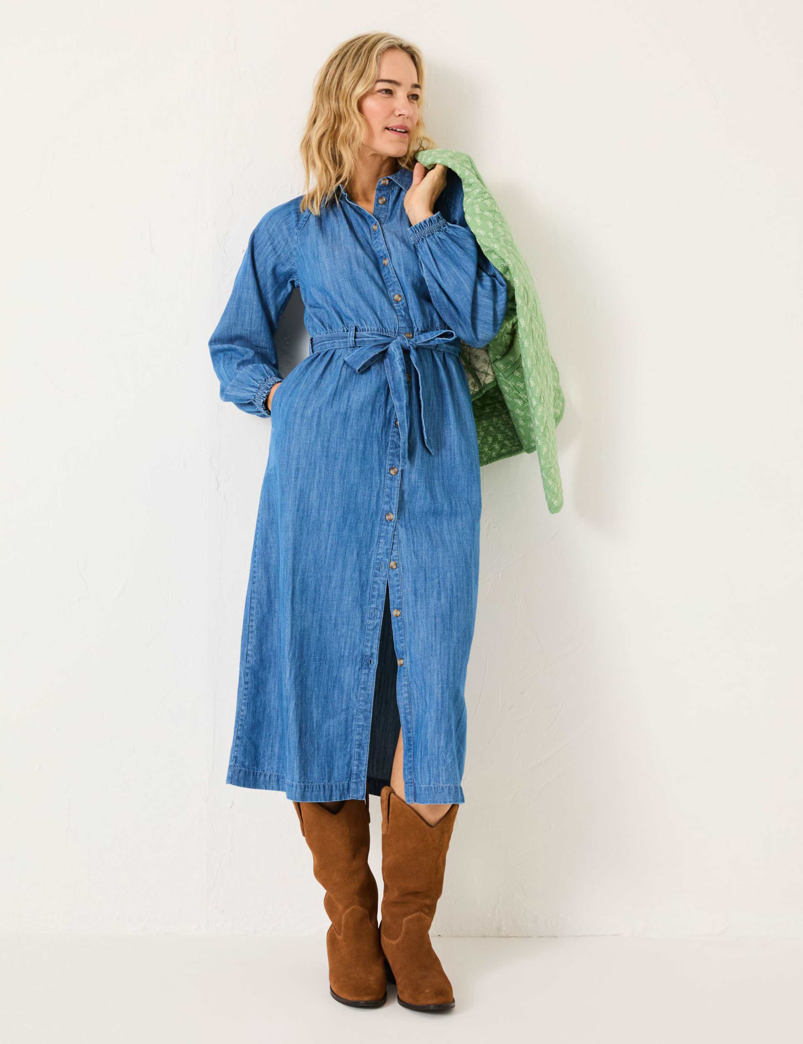 Pure Cotton Denim Tie Waist Midi Shirt Dress 1 of 5