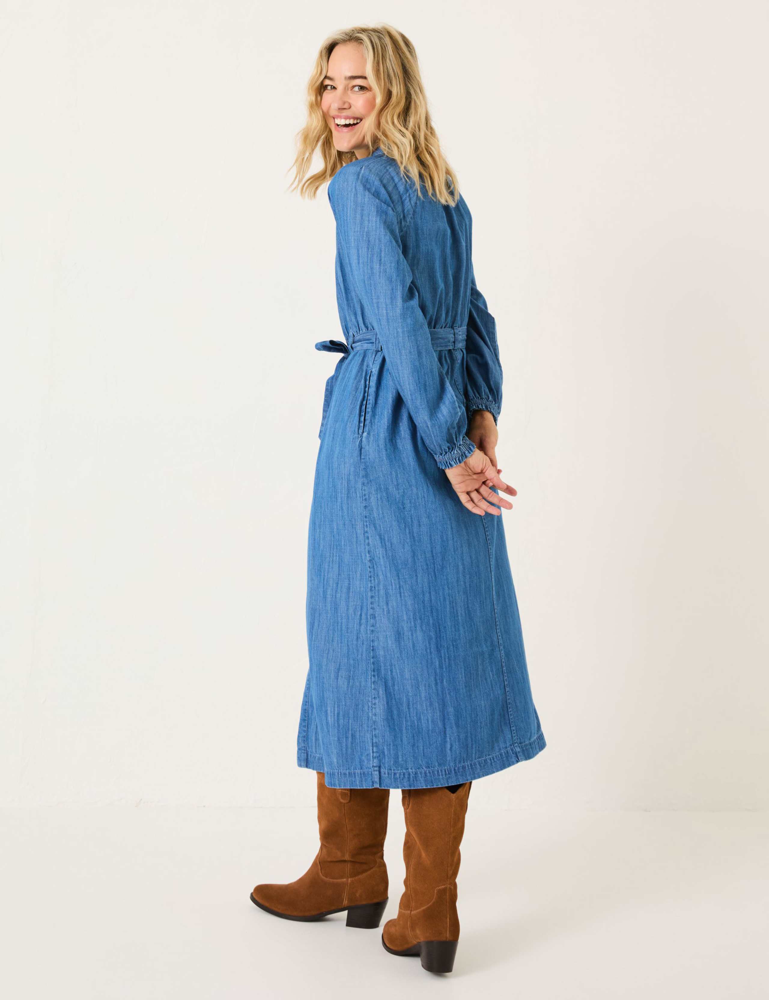 Pure Cotton Denim Tie Waist Midi Shirt Dress 3 of 5