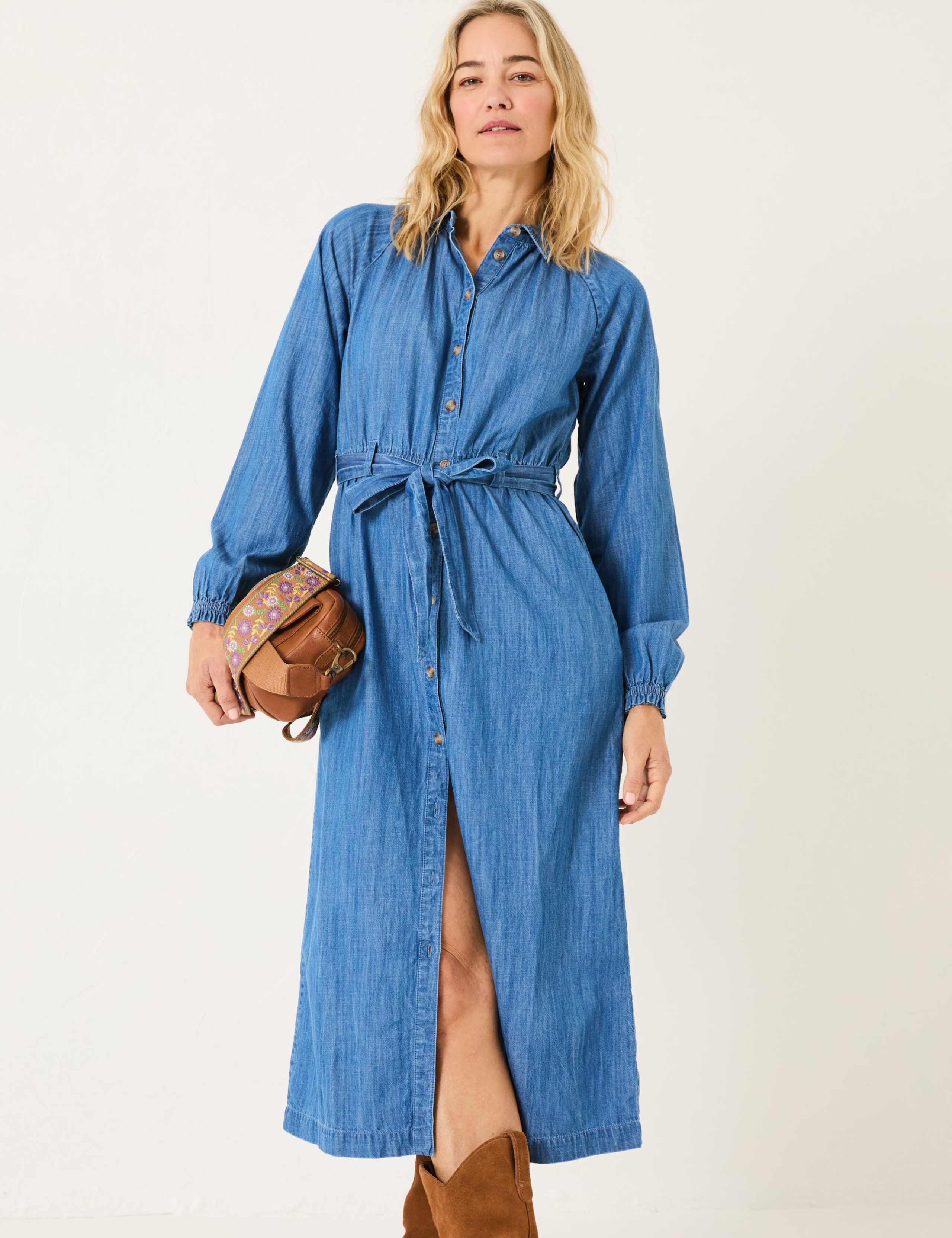 Pure Cotton Denim Tie Waist Midi Shirt Dress 4 of 5