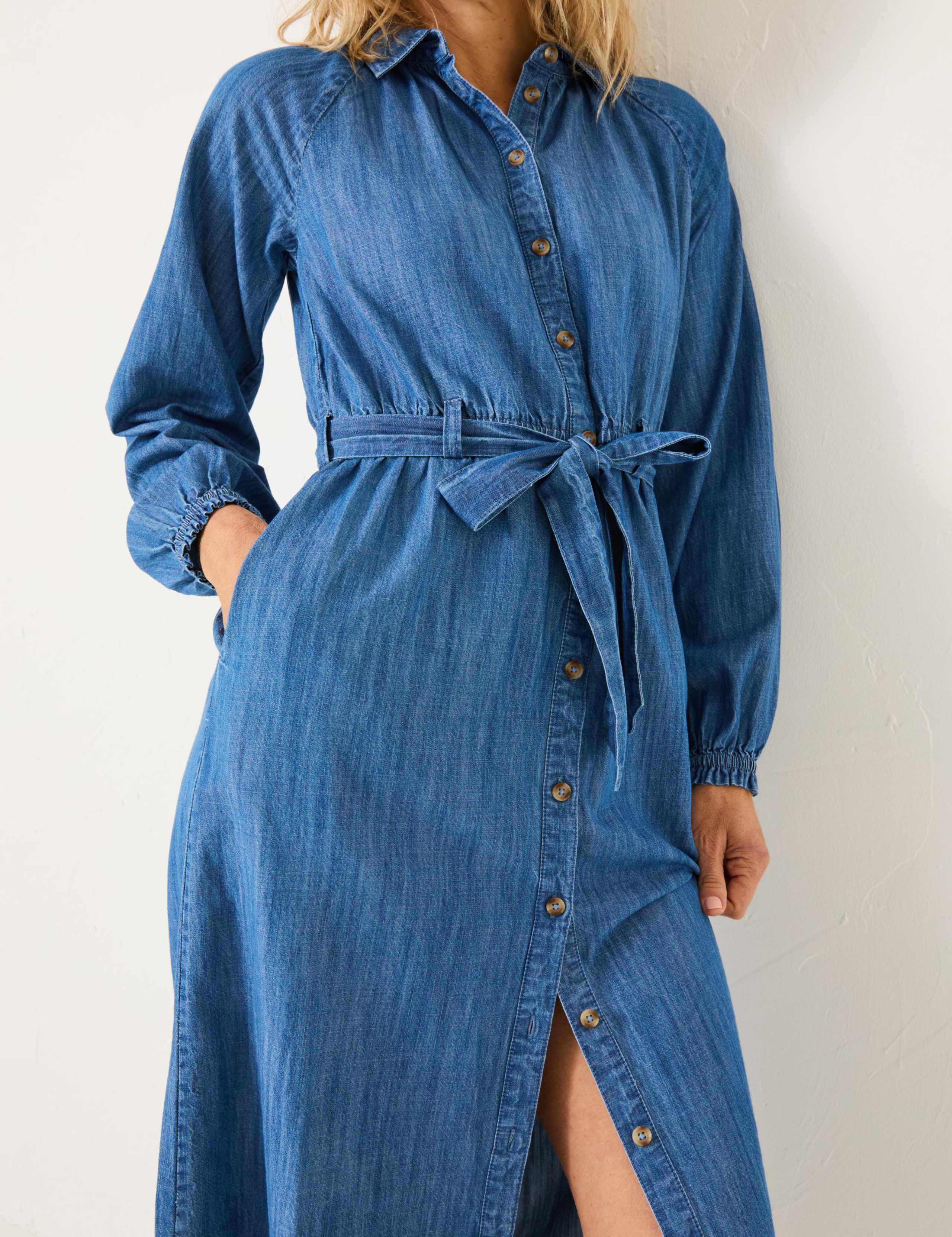 Pure Cotton Denim Tie Waist Midi Shirt Dress 5 of 5
