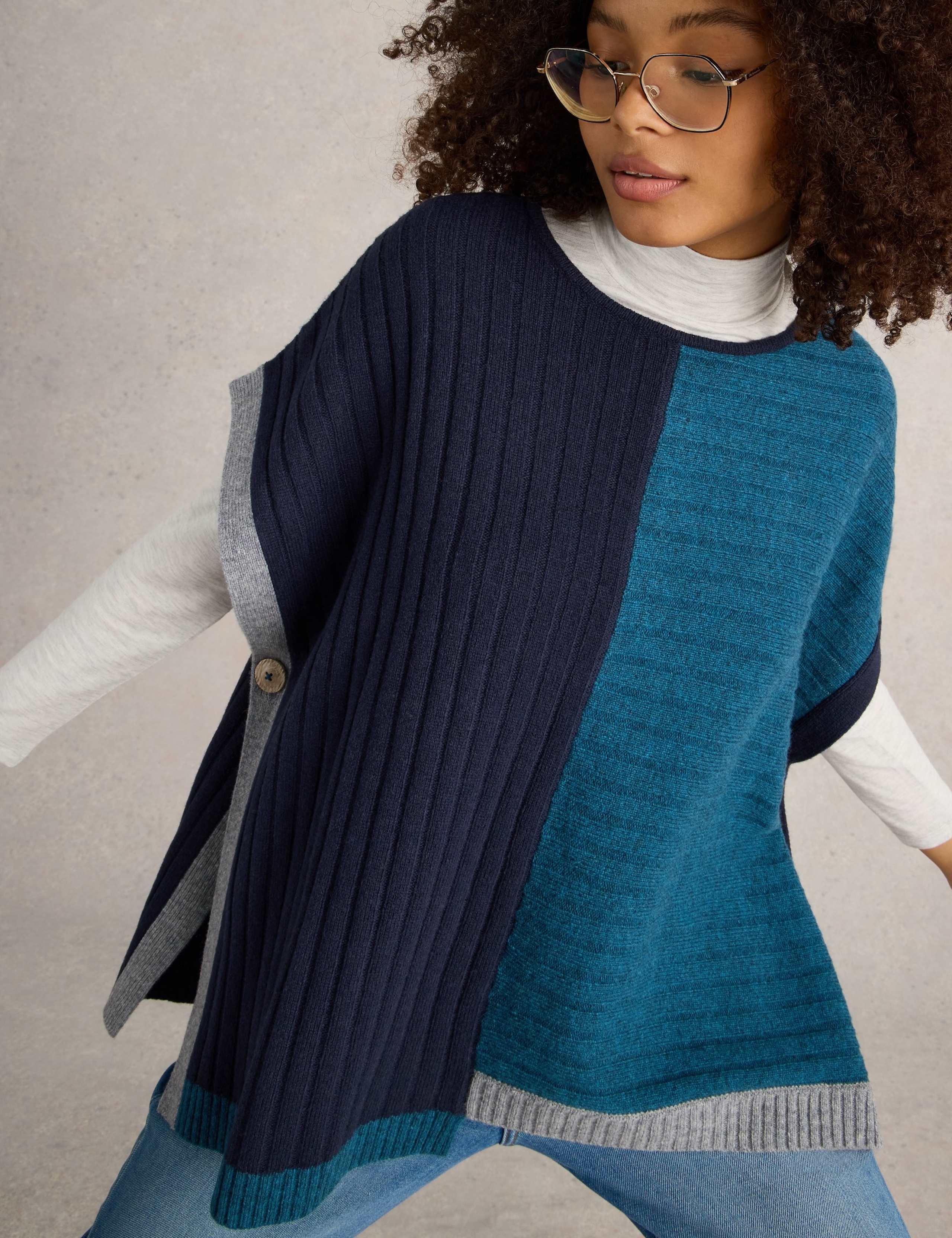 Wool Rich Ribbed Colour Block Poncho 1 of 6