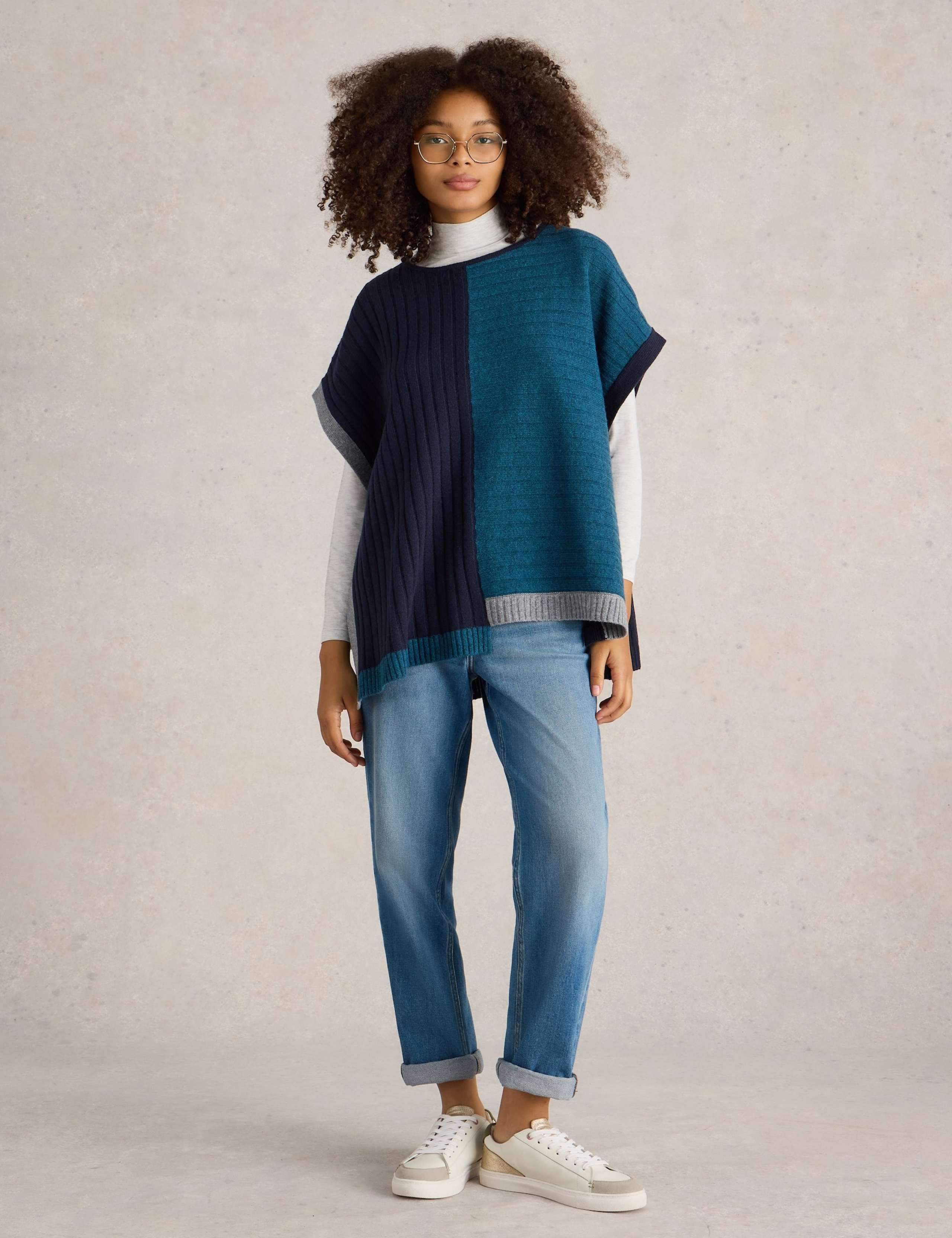 Wool Rich Ribbed Colour Block Poncho 3 of 6