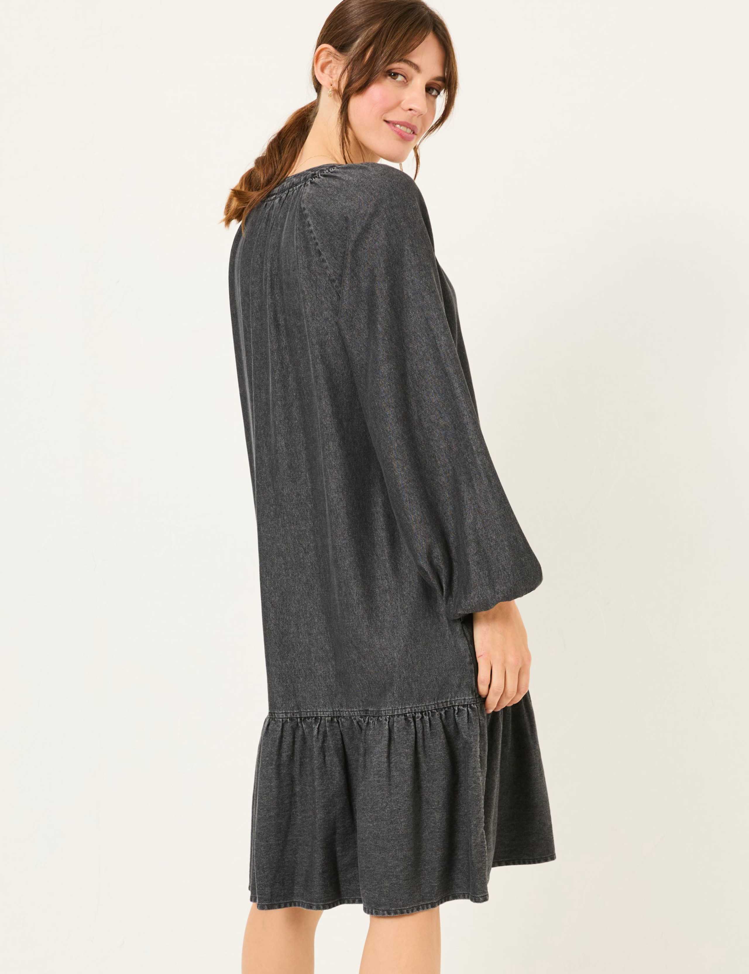 Denim Notch Neck Knee Length Tiered Dress 4 of 5