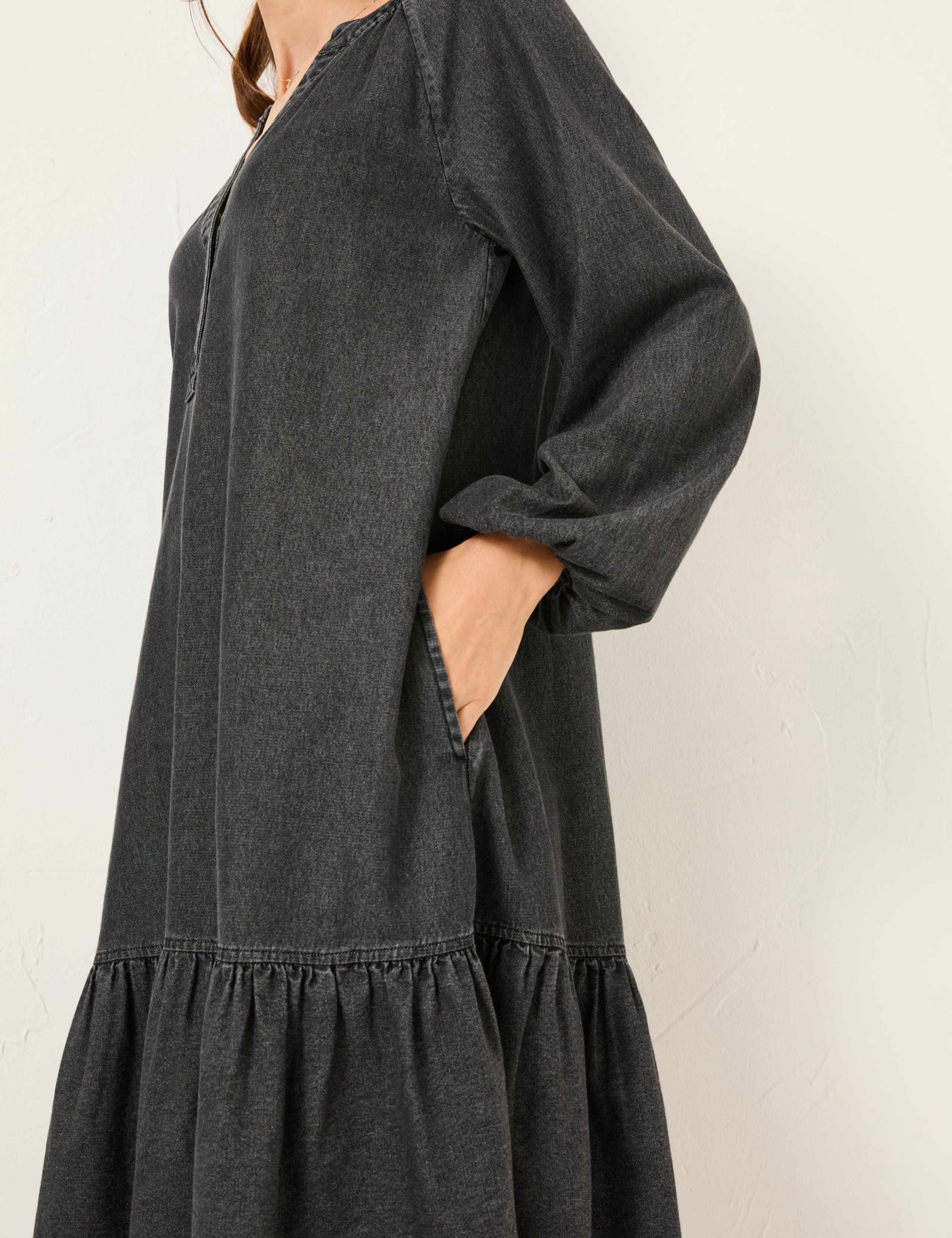 Denim Notch Neck Knee Length Tiered Dress 5 of 5