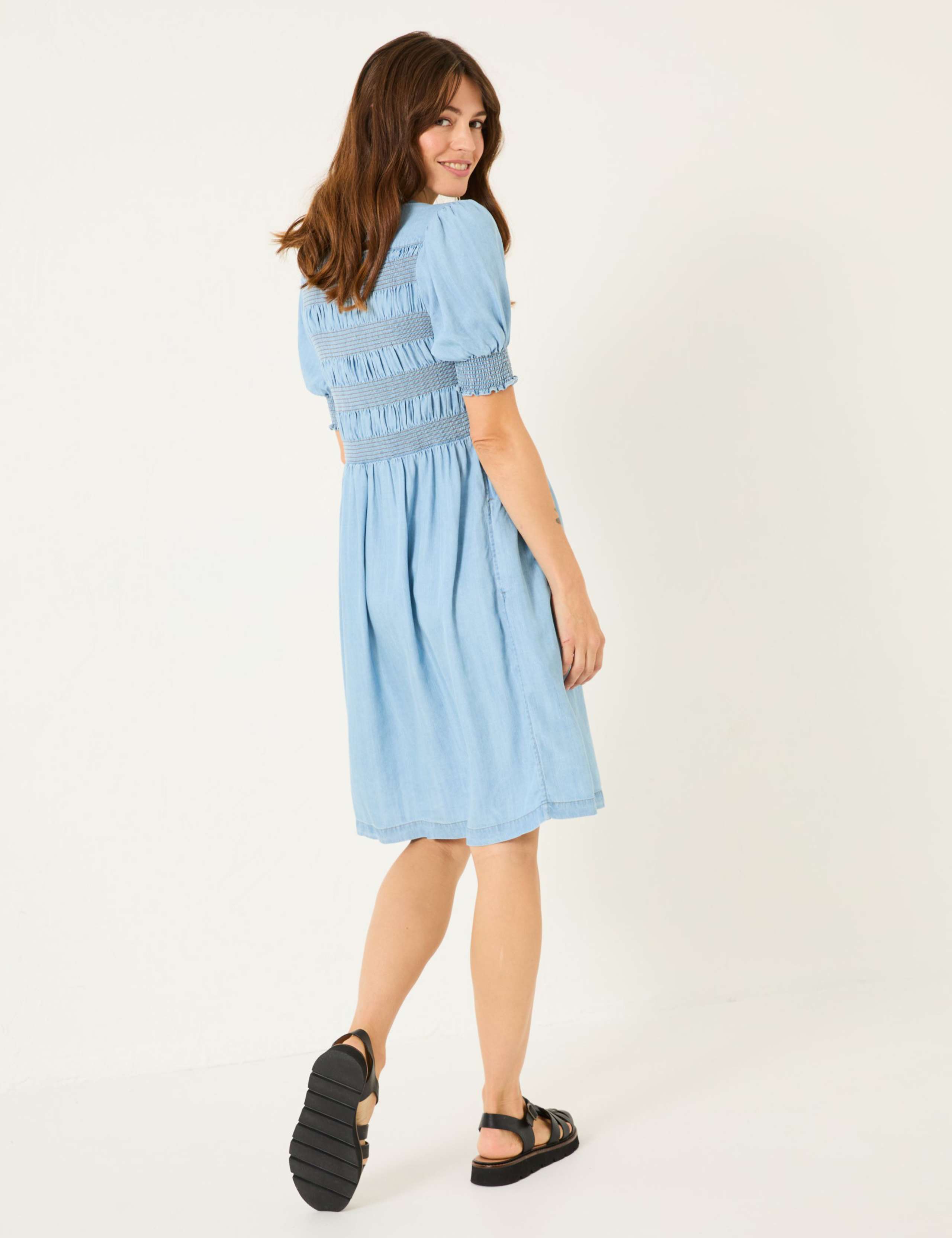 Lyocell Denim V-Neck Shirred Waisted Dress 3 of 5