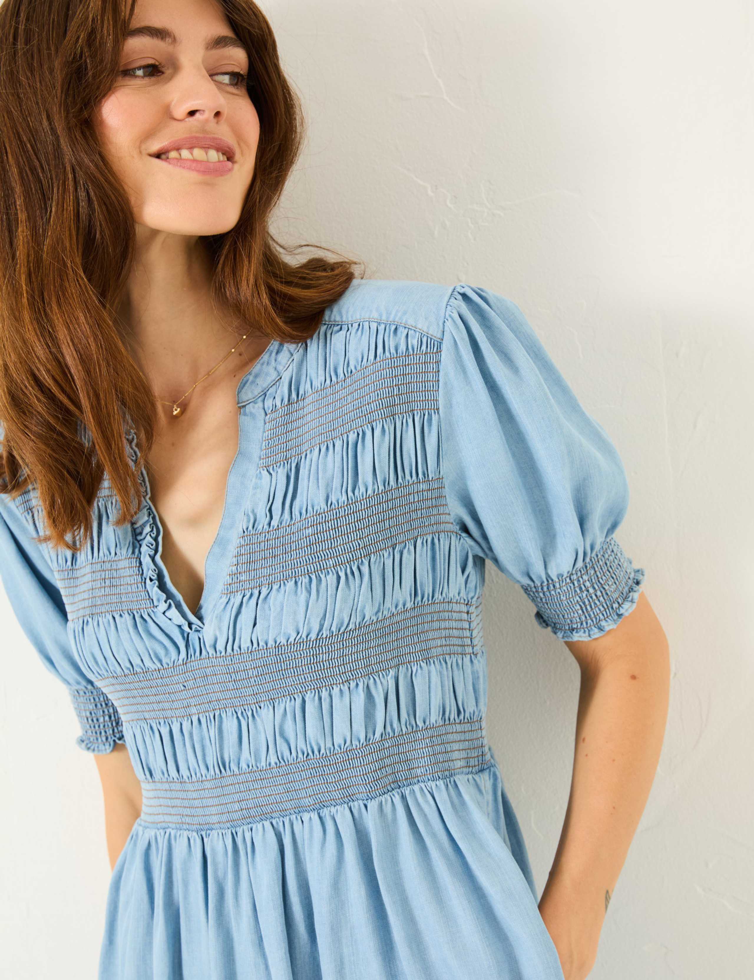Lyocell Denim V-Neck Shirred Waisted Dress 4 of 5