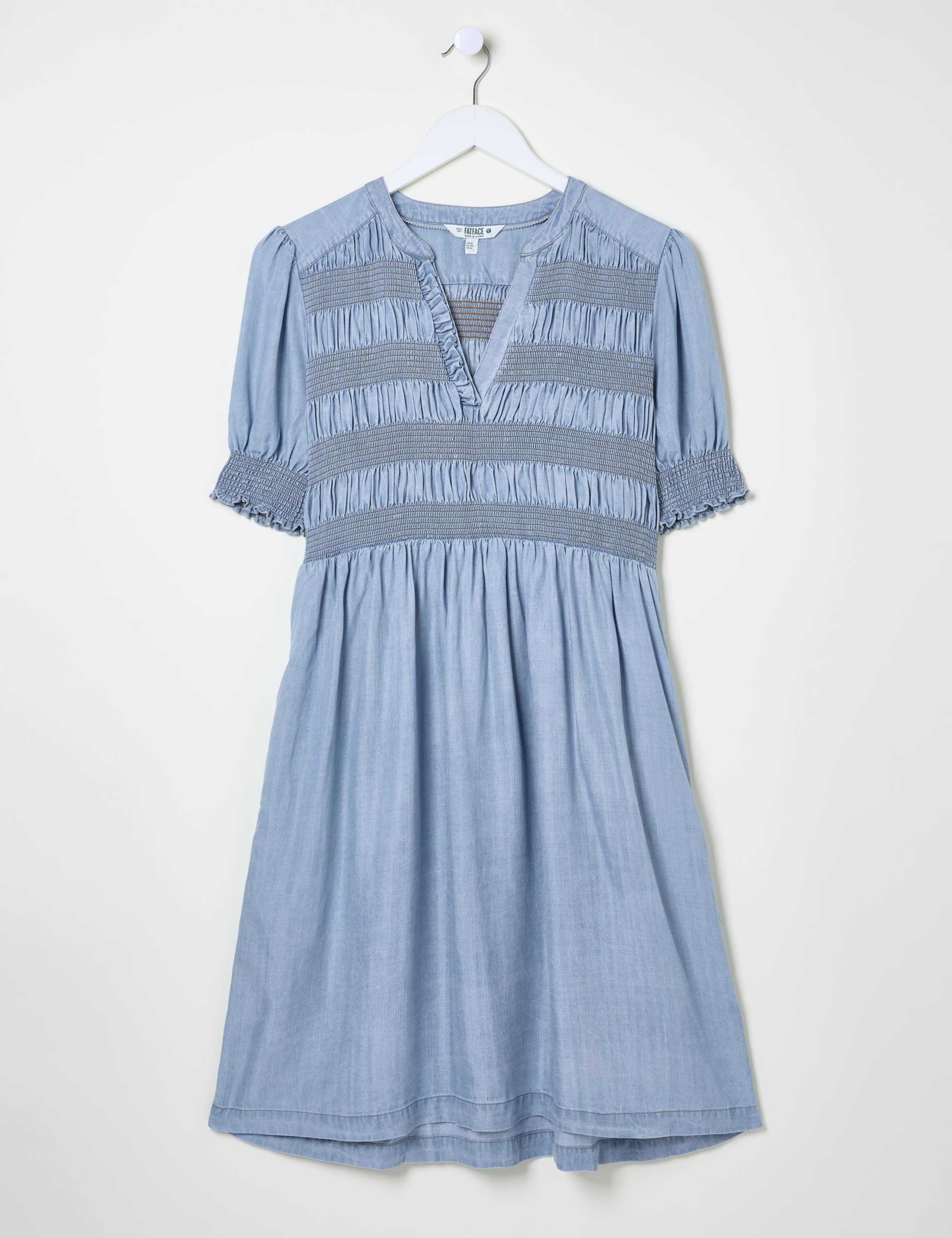 Lyocell Denim V-Neck Shirred Waisted Dress 2 of 5