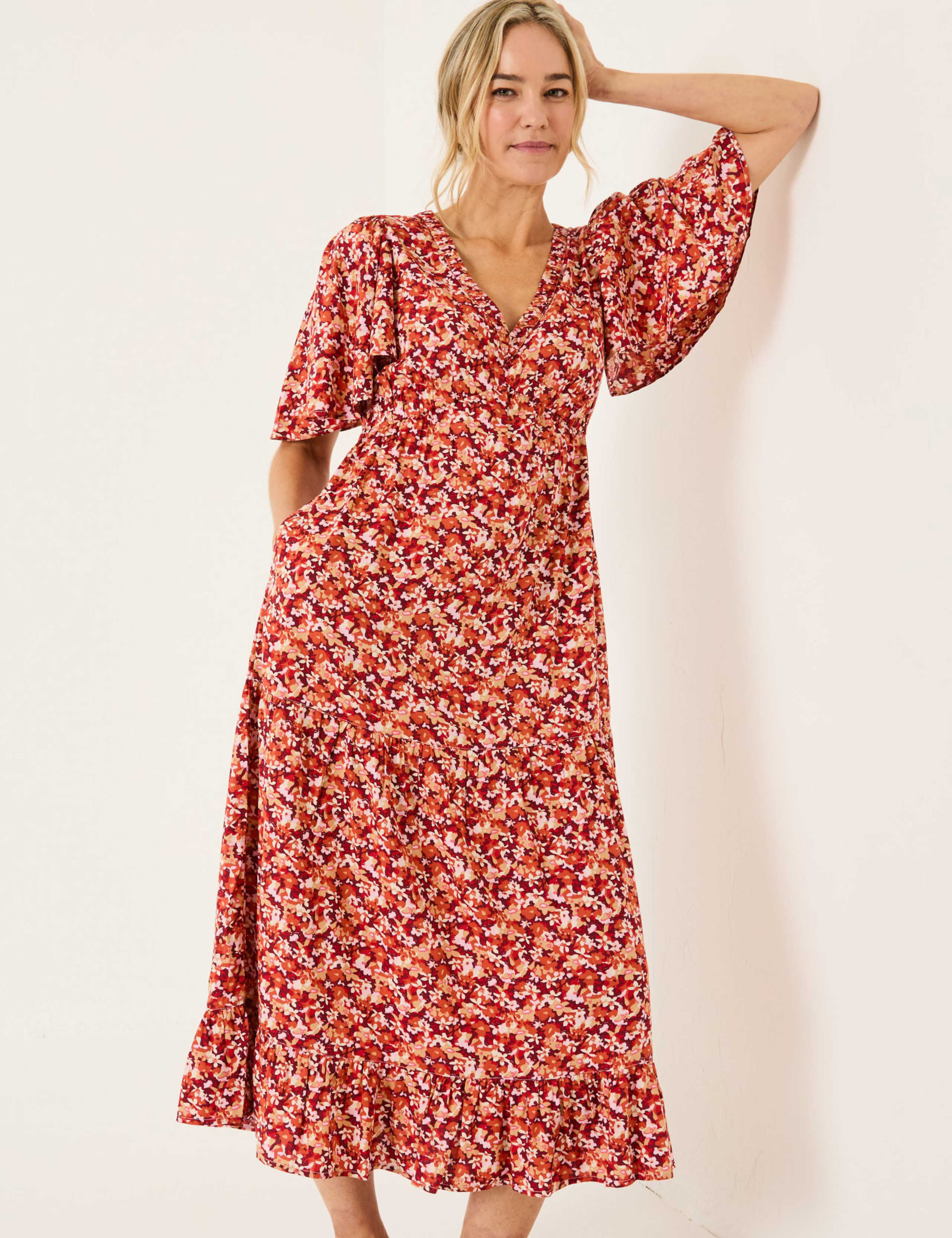 Floral V-Neck Angel Sleeve Midi Tea Dress 4 of 9