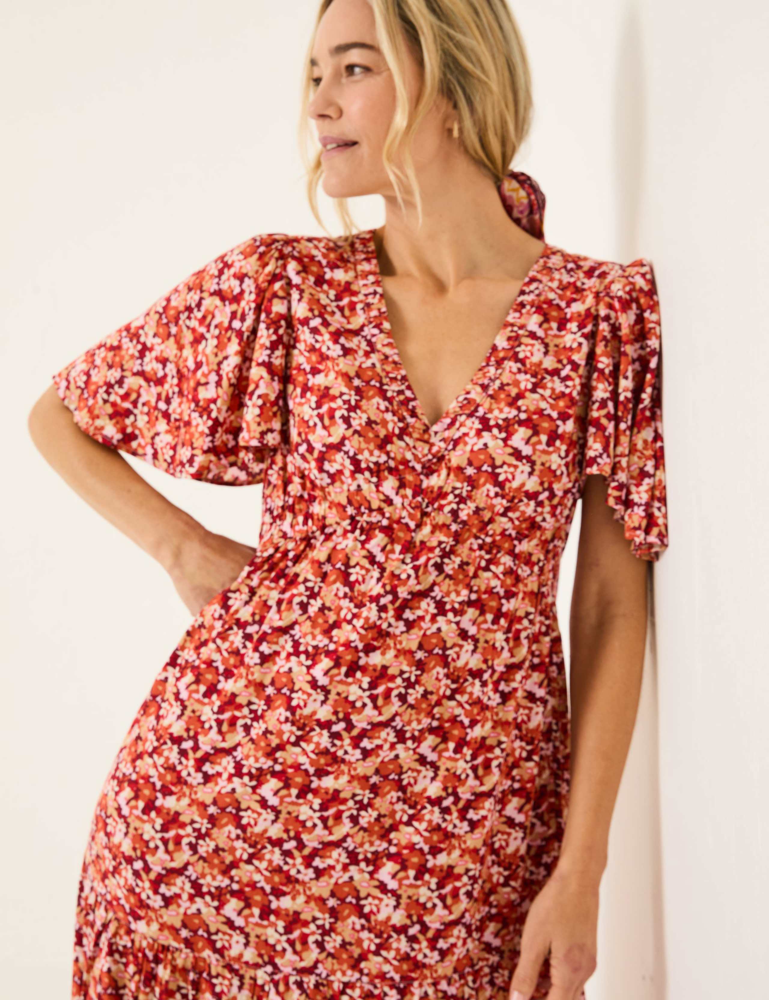 Floral V-Neck Angel Sleeve Midi Tea Dress 5 of 9
