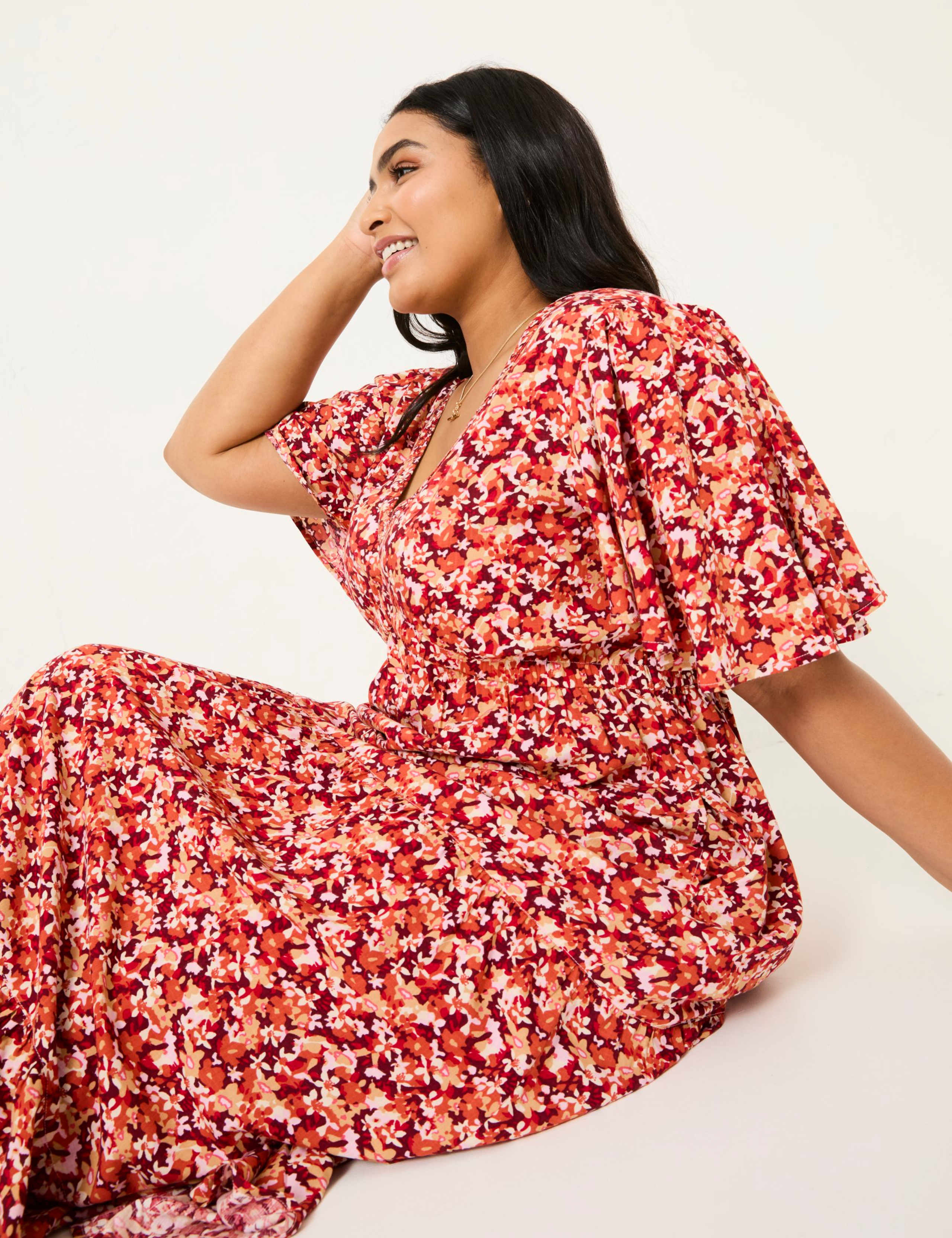 Floral V-Neck Angel Sleeve Midi Tea Dress 9 of 9