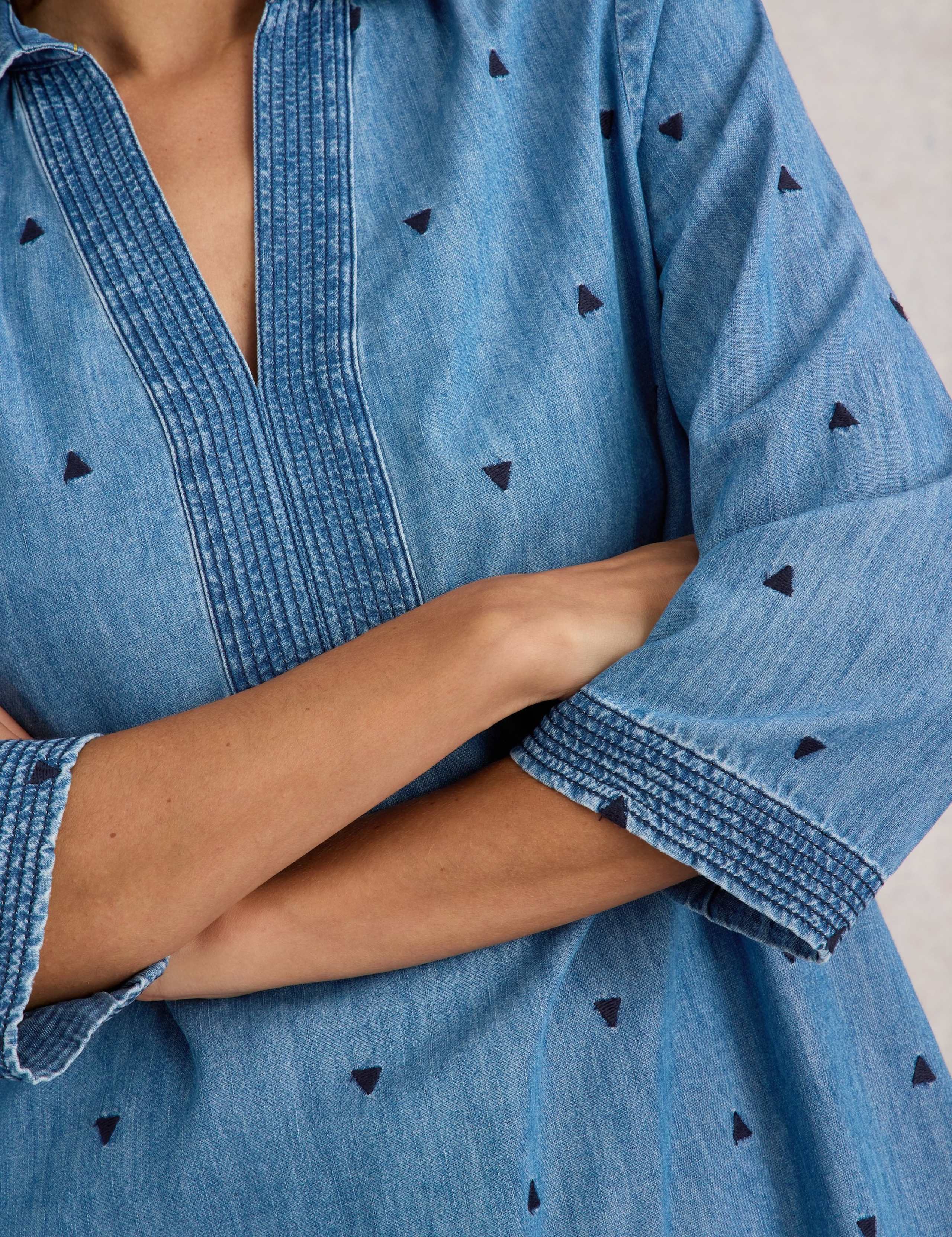 Pure Cotton Denim Embroidered V-Neck Tunic 5 of 6