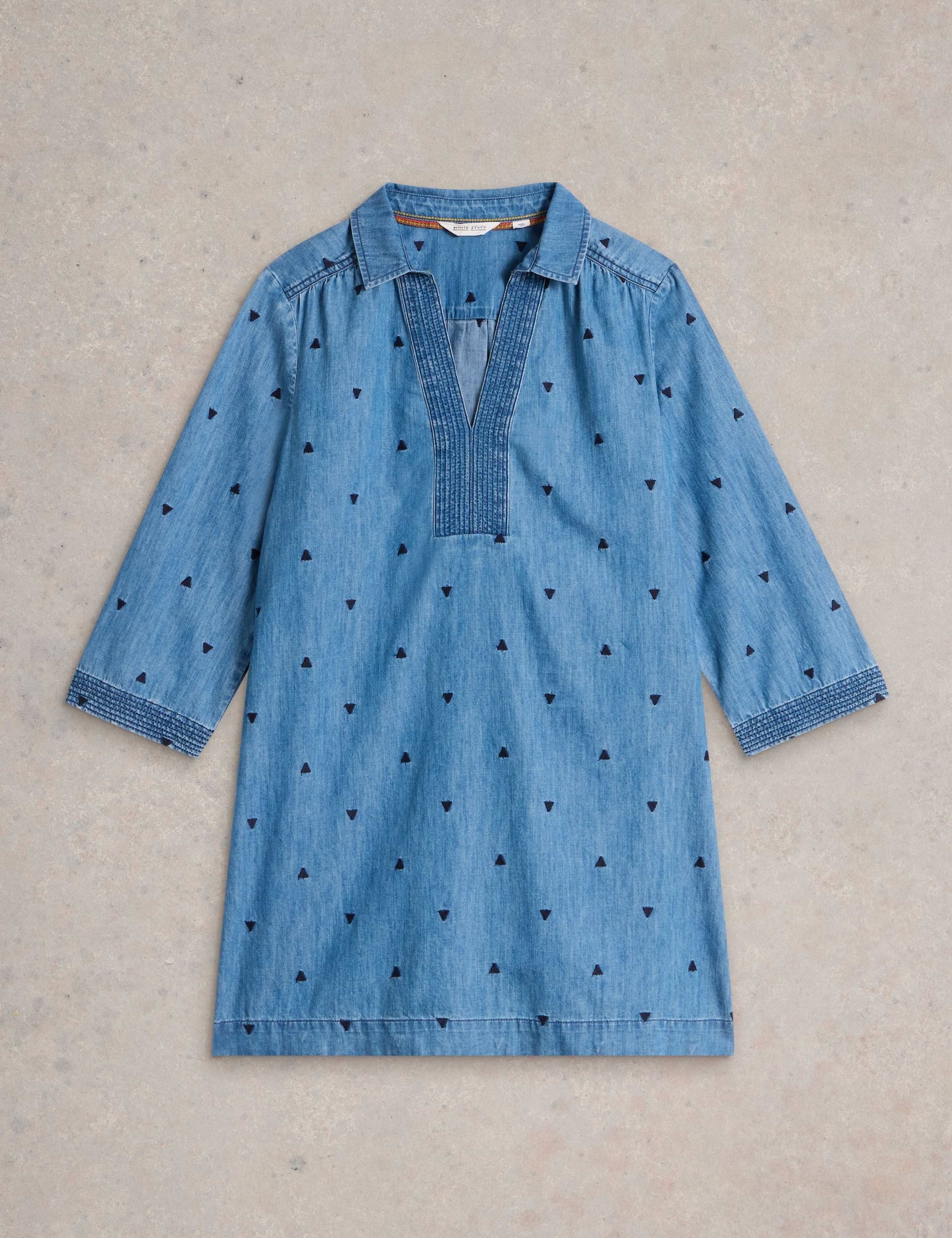 Pure Cotton Denim Embroidered V-Neck Tunic 2 of 6