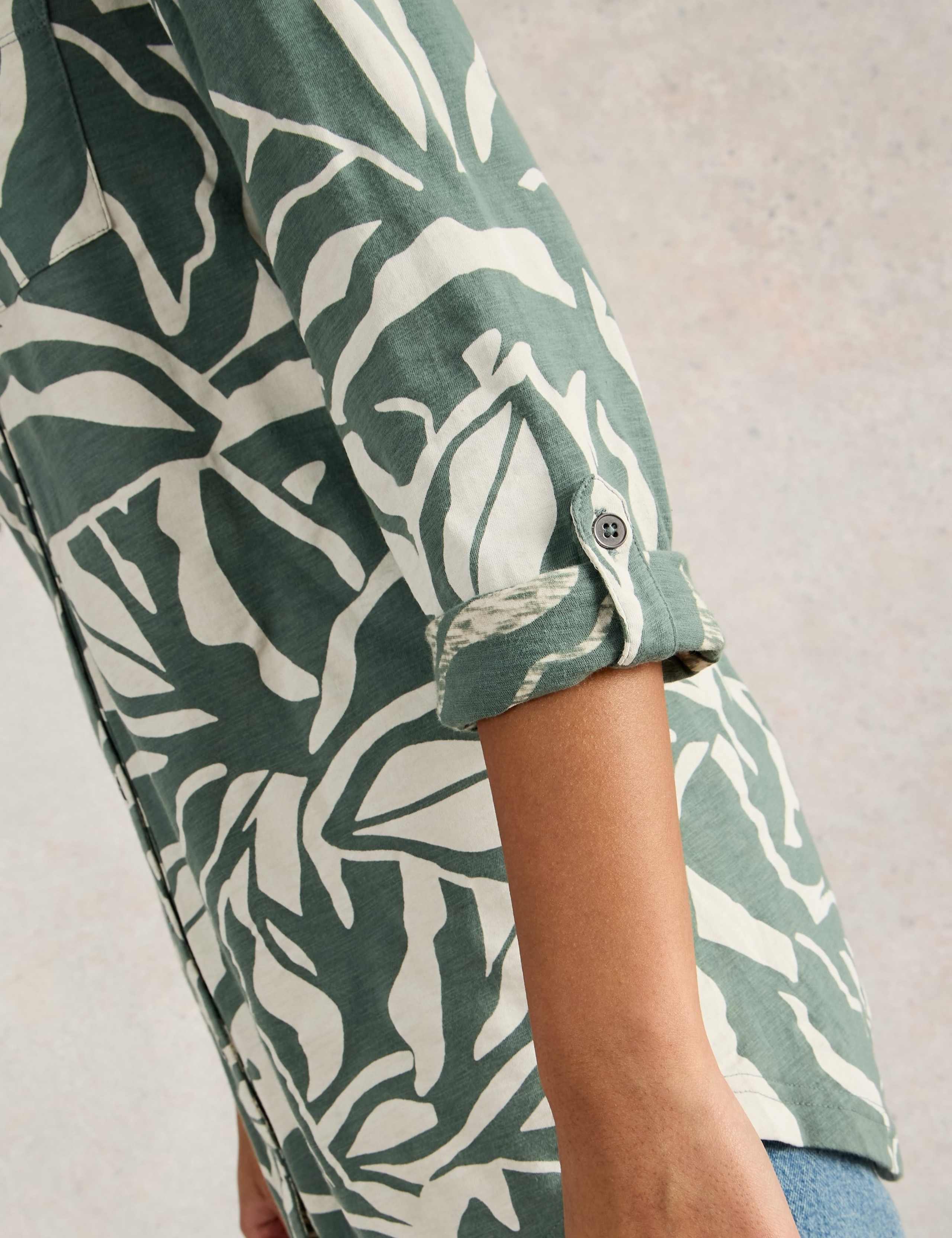 Pure Cotton Leaf Print Collared Longline Shirt 5 of 6