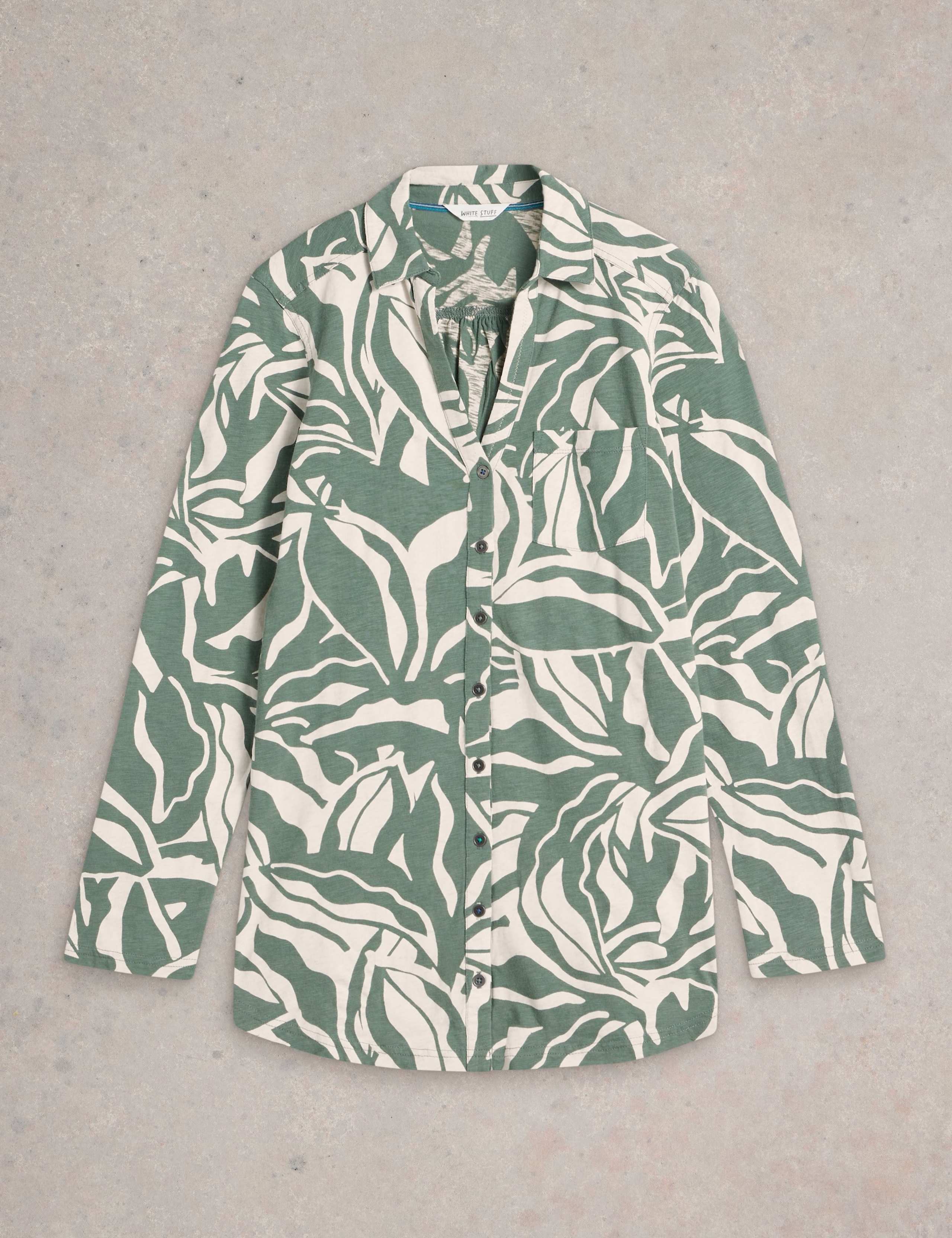 Pure Cotton Leaf Print Collared Longline Shirt 2 of 6