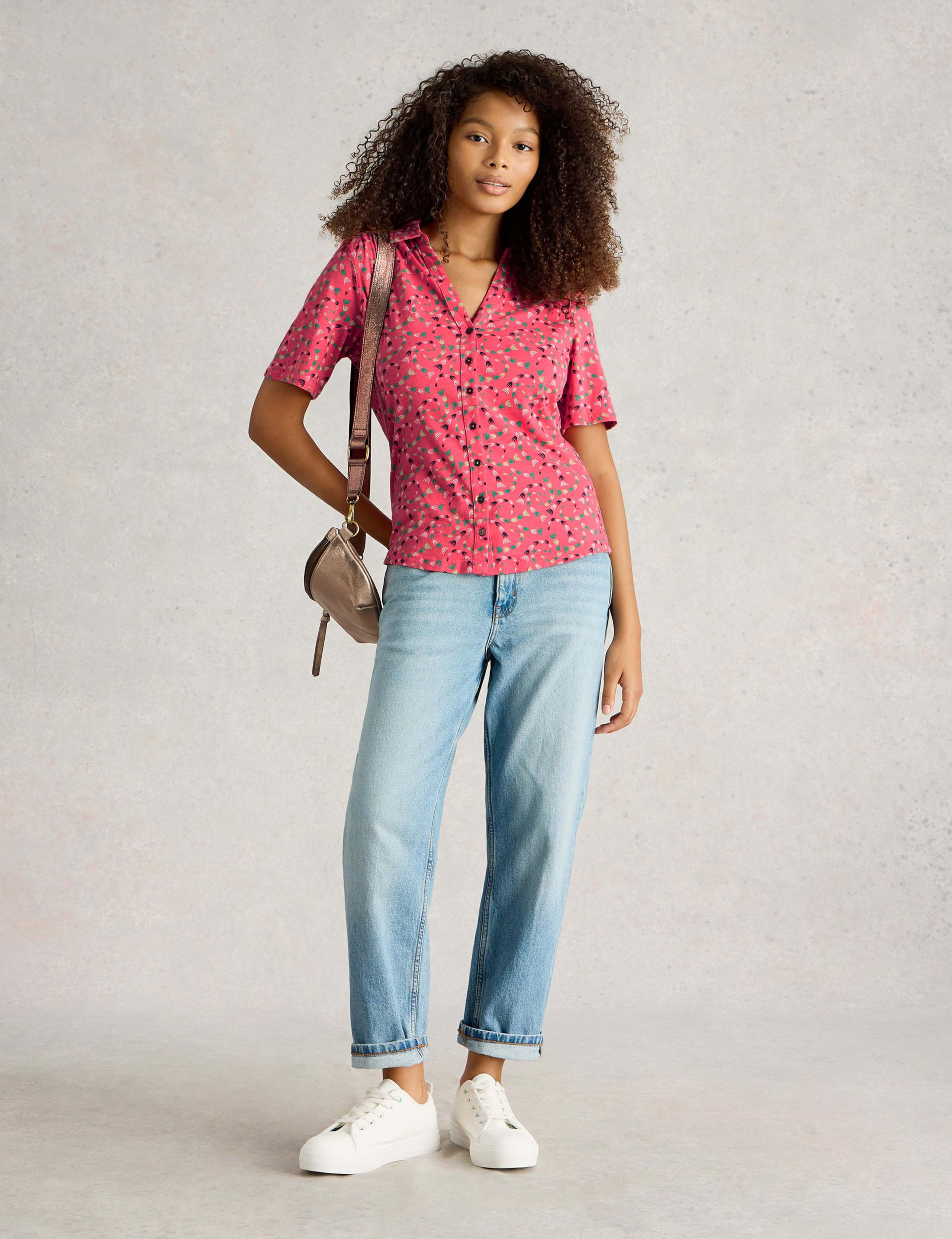 Pure Cotton Floral Collared V-neck Button Through Shirt 3 of 6