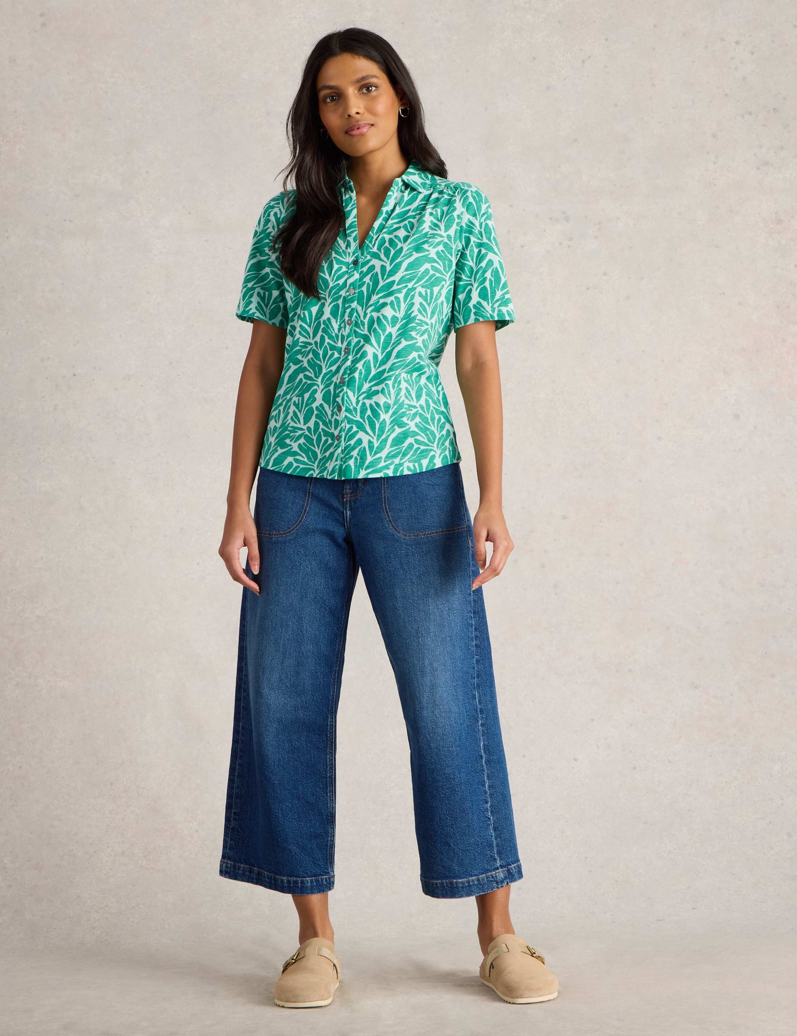 Pure Cotton Leaf Print Collared V-Neck Button Through Shirt 3 of 6