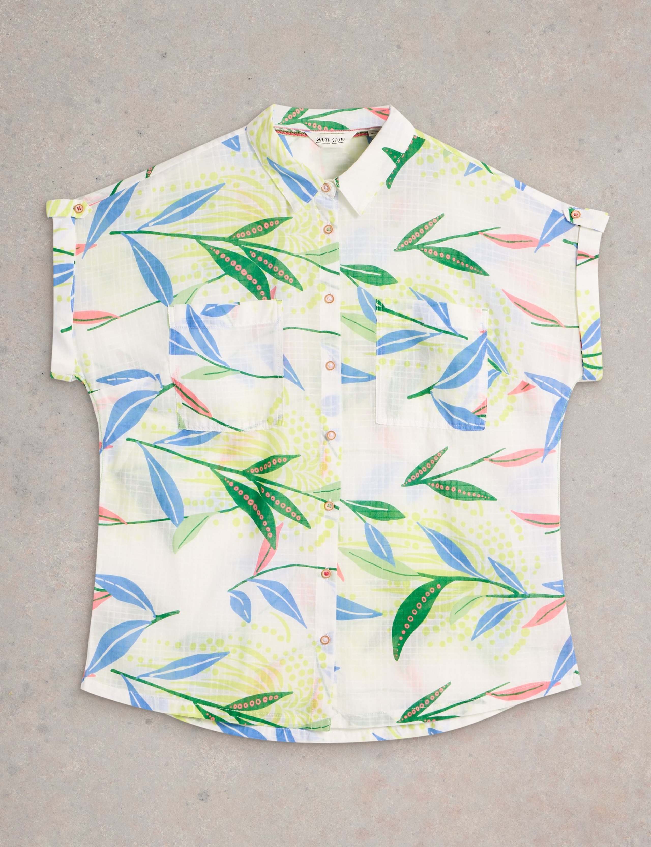 Pure Cotton Leaf Print Collared Cap Sleeve Shirt 2 of 6