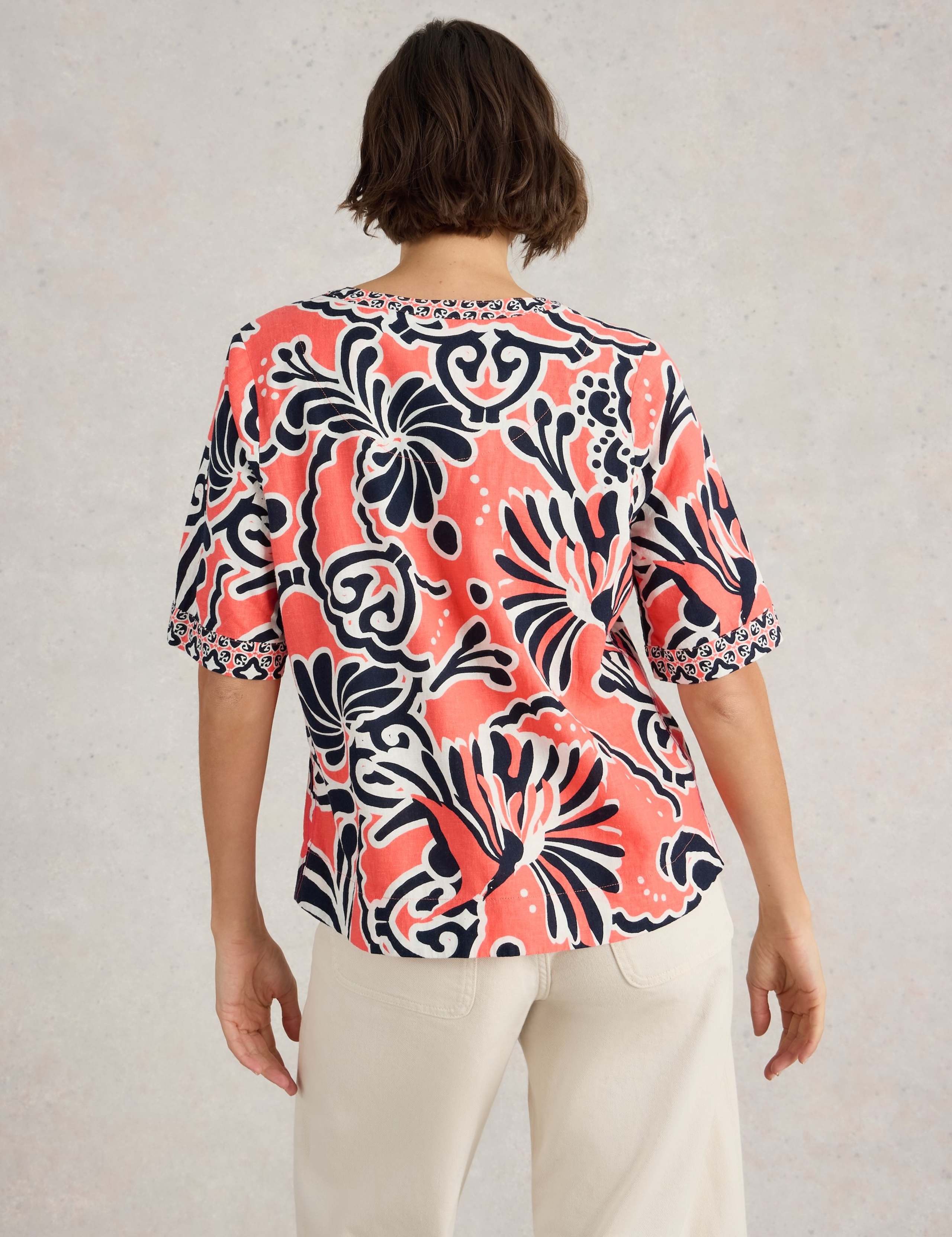 Linen Blend Printed V-Neck Top 4 of 6
