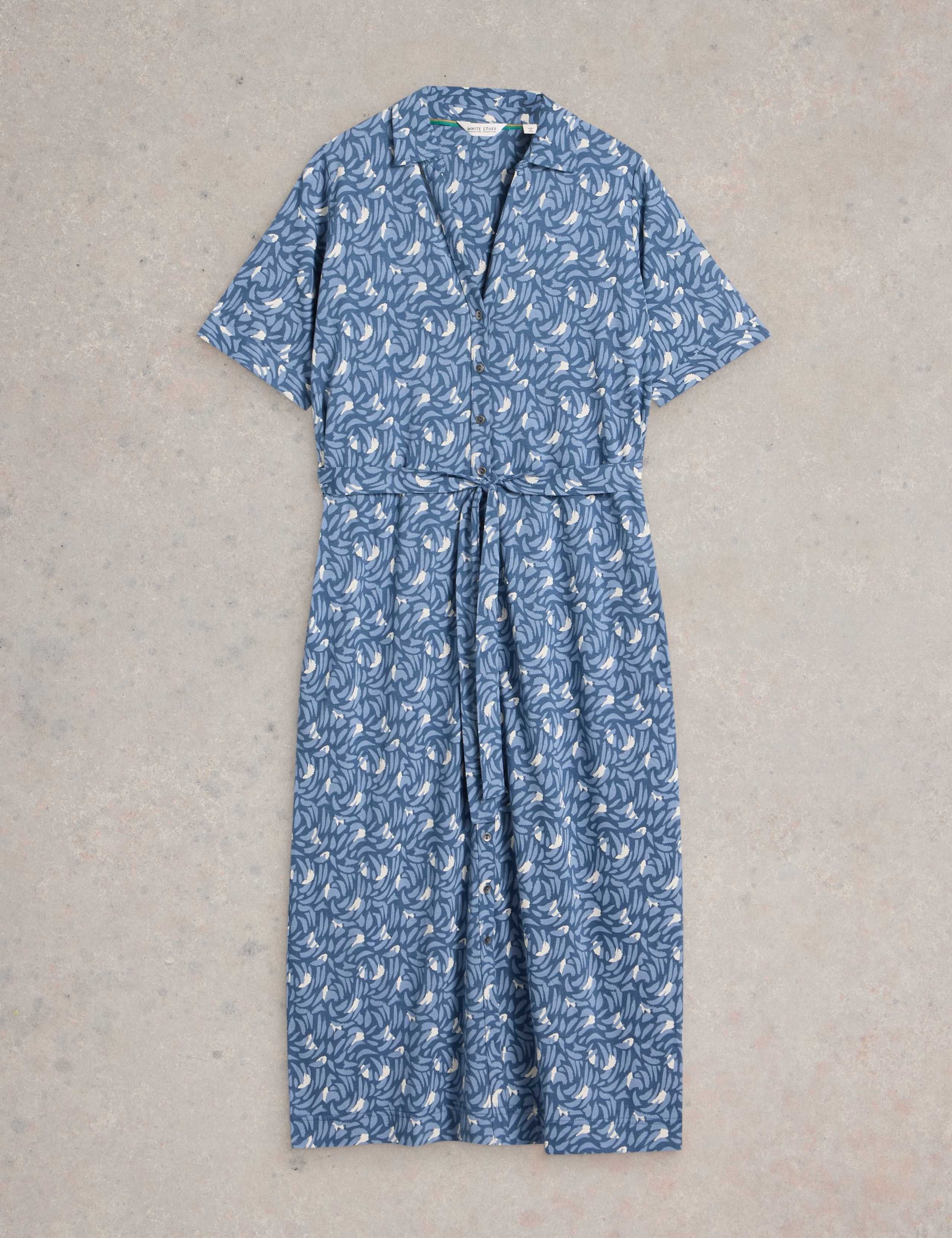 Cotton Blend Jersey Printed Midi Shirt Dress 2 of 6