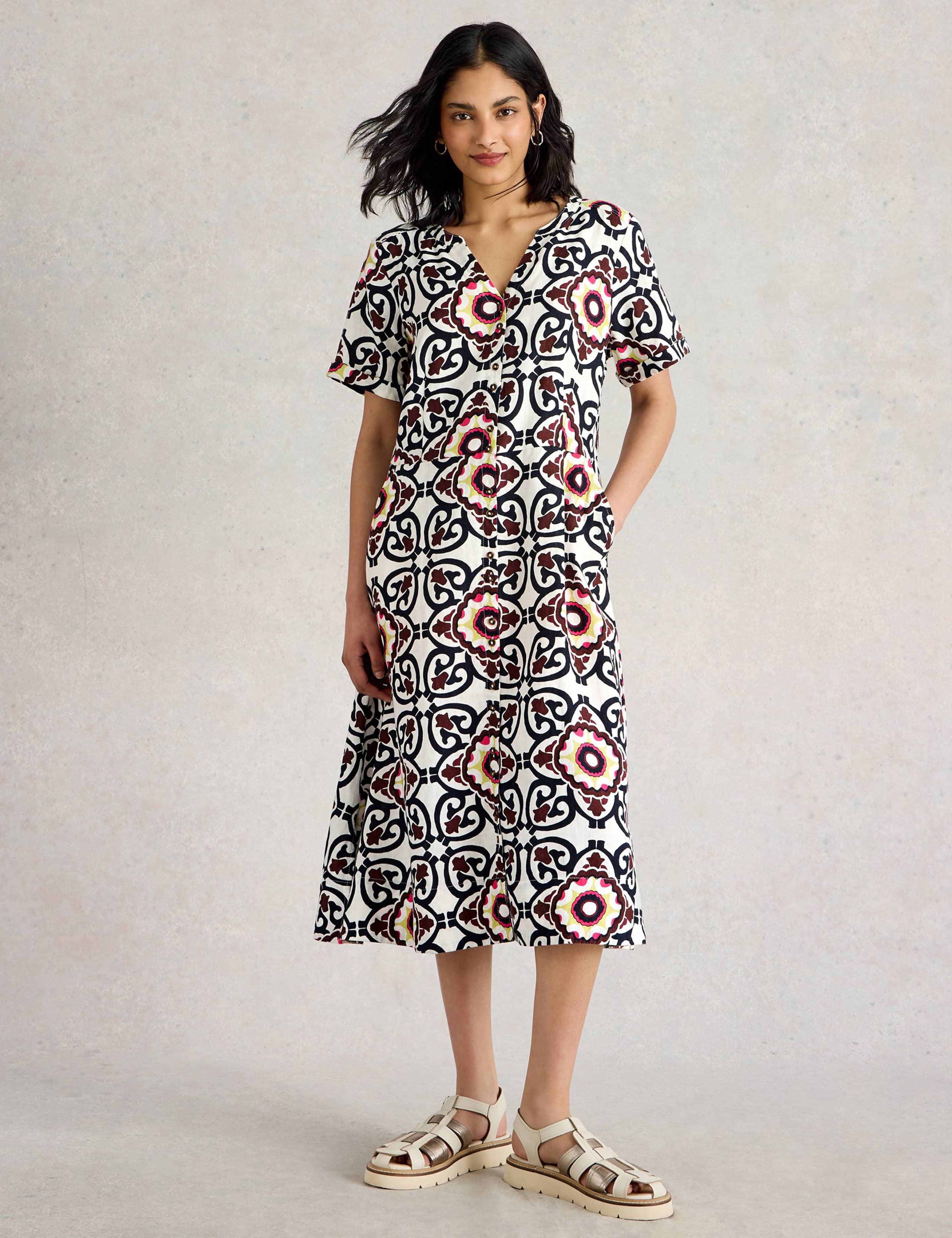 Pure Linen Printed Midi Shirt Dress 3 of 6