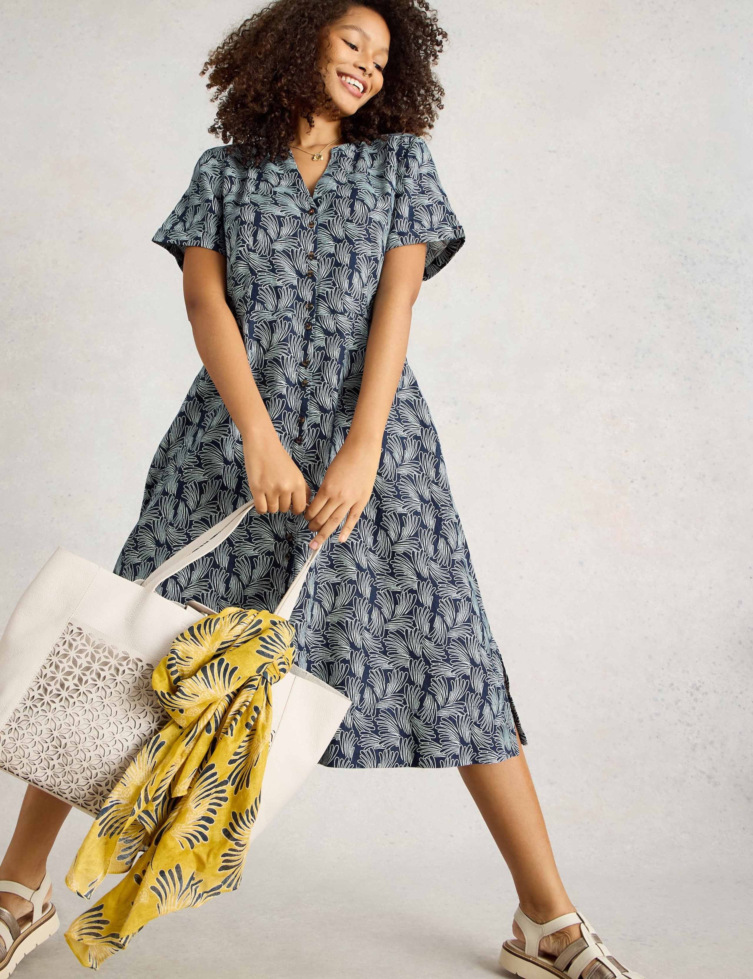 Pure Linen Printed V-Neck Midi Tea Dress 4 of 5