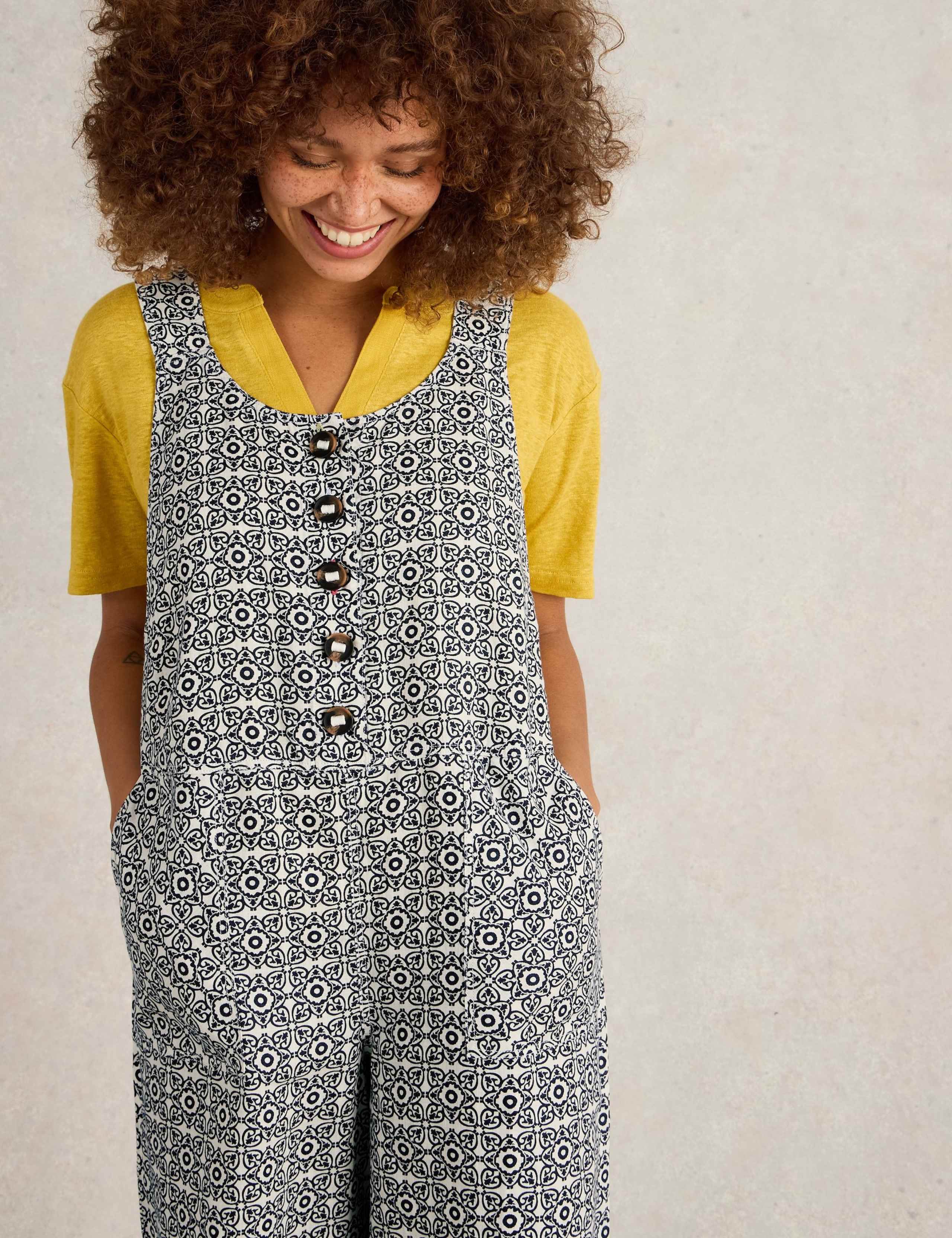 Pure Linen Geometric Ankle Grazer Dungarees 4 of 6