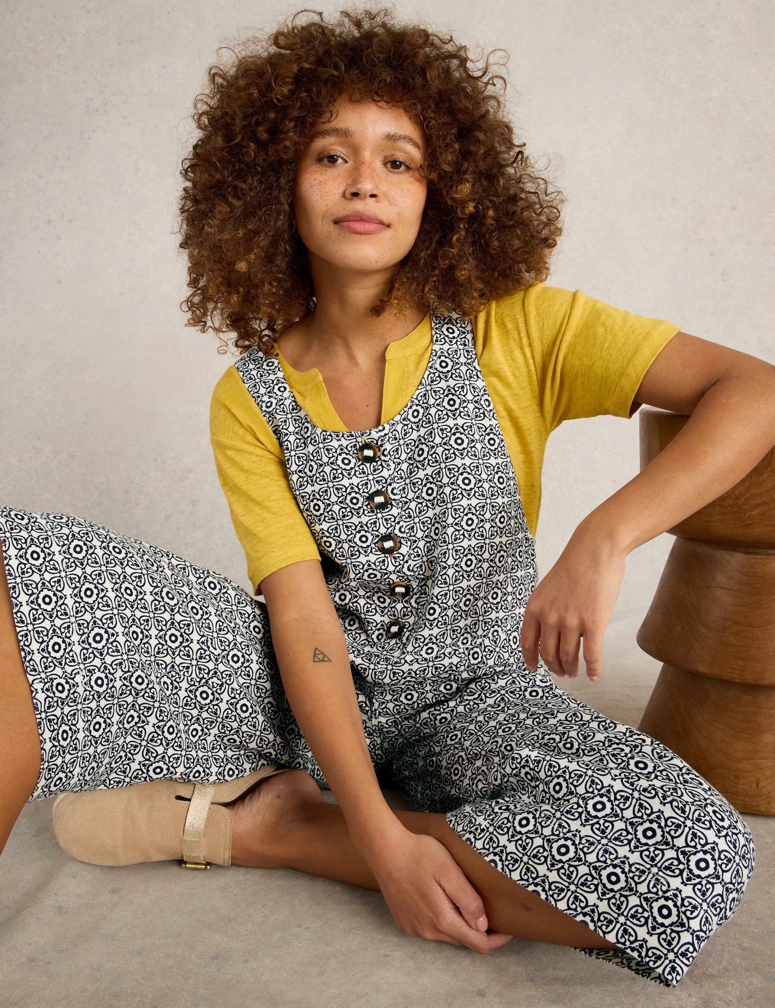 Pure Linen Geometric Ankle Grazer Dungarees 5 of 6