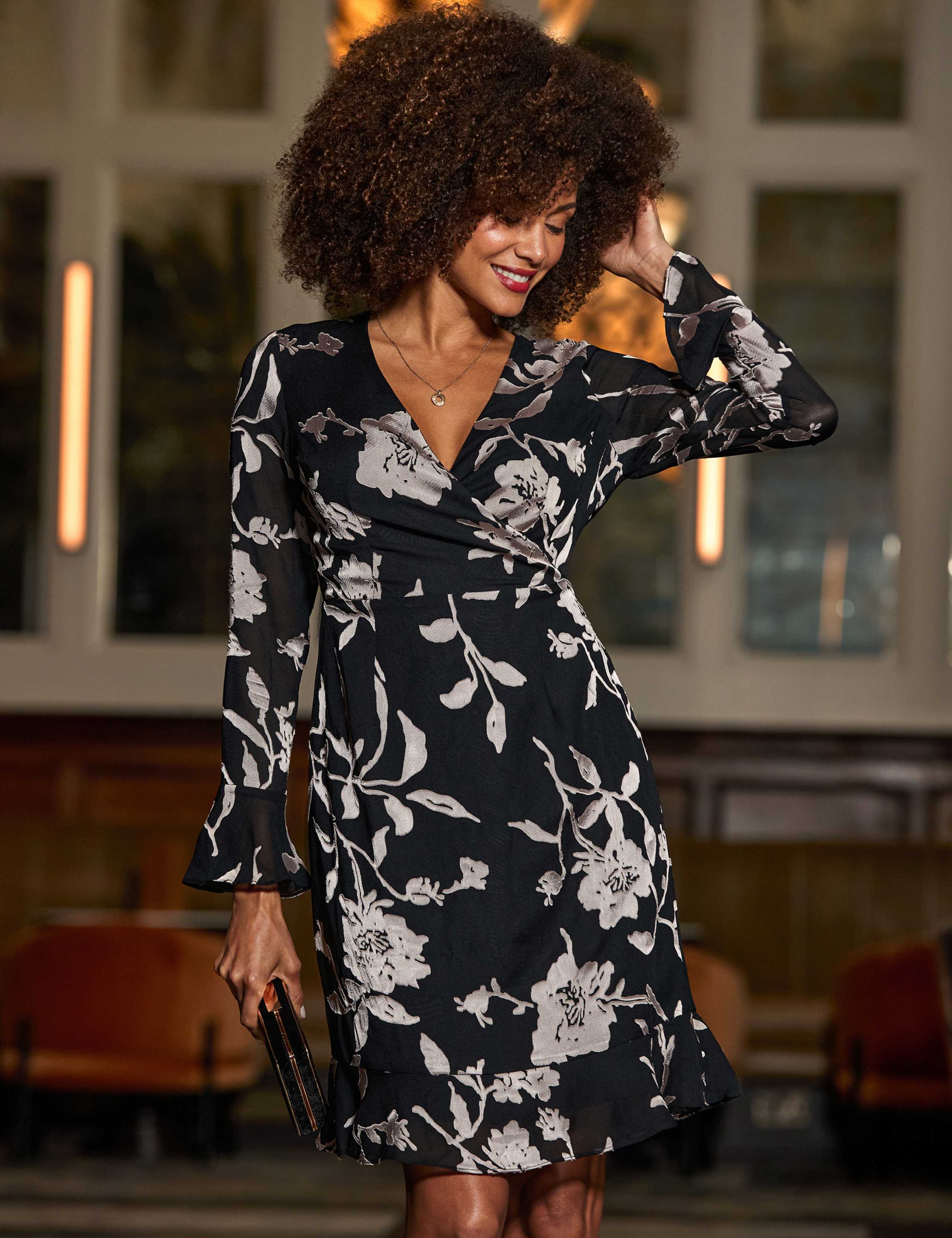 the WESTERN ROSE - Women's V-Neck Floral Print Long Sleeve Ruffle Hem Wrap Dress, 100% Polyester Casual Style for All Seasons