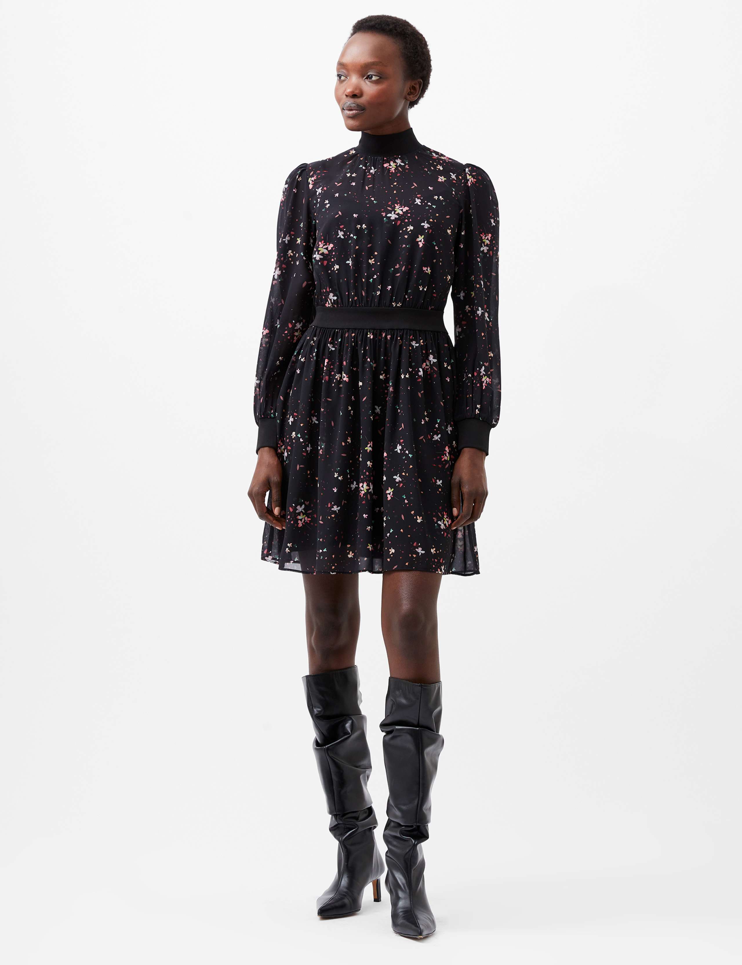 Sheer Floral High Neck Waisted Dress 1 of 4