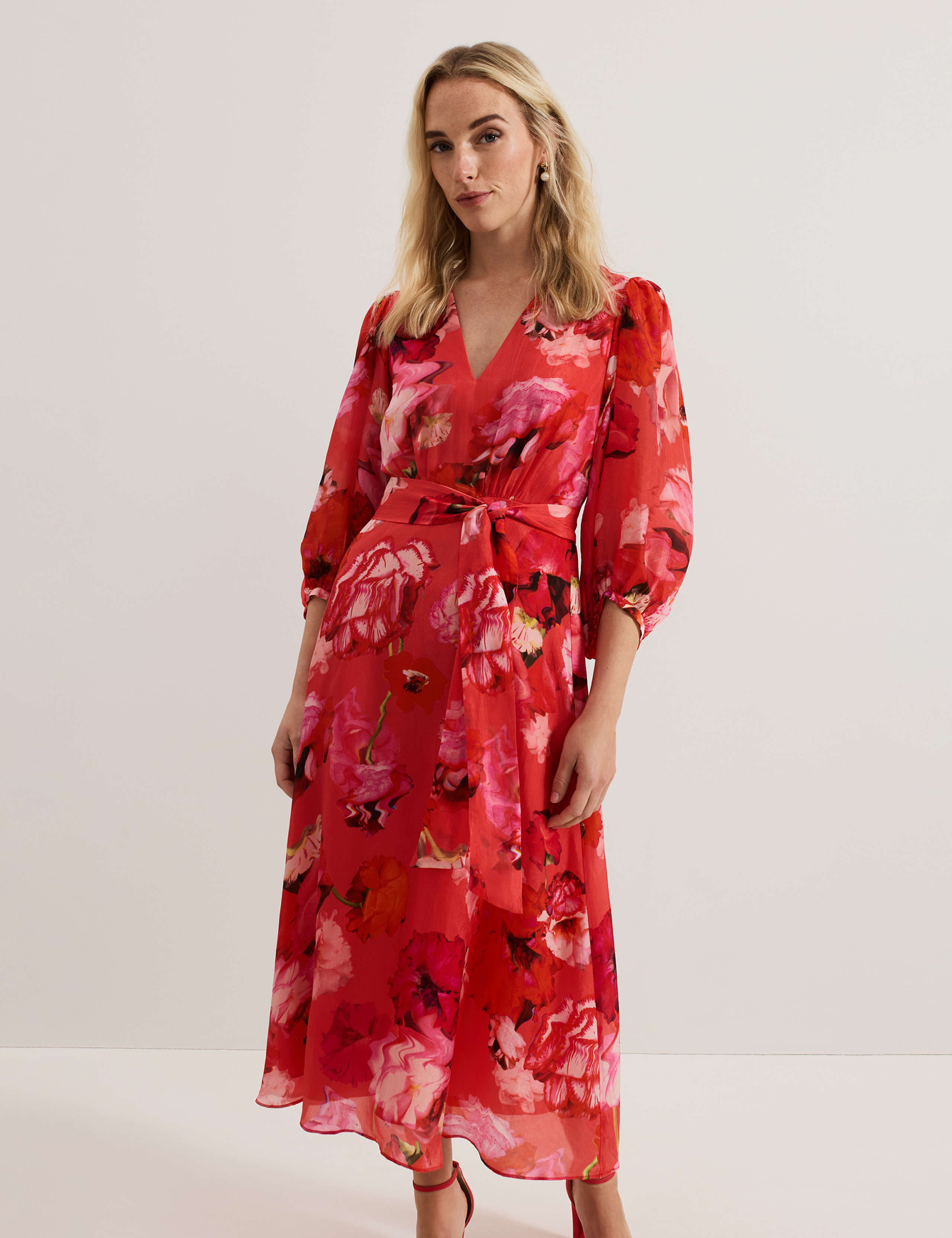 Floral V-Neck Belted Midi Skater Dress 4 of 7