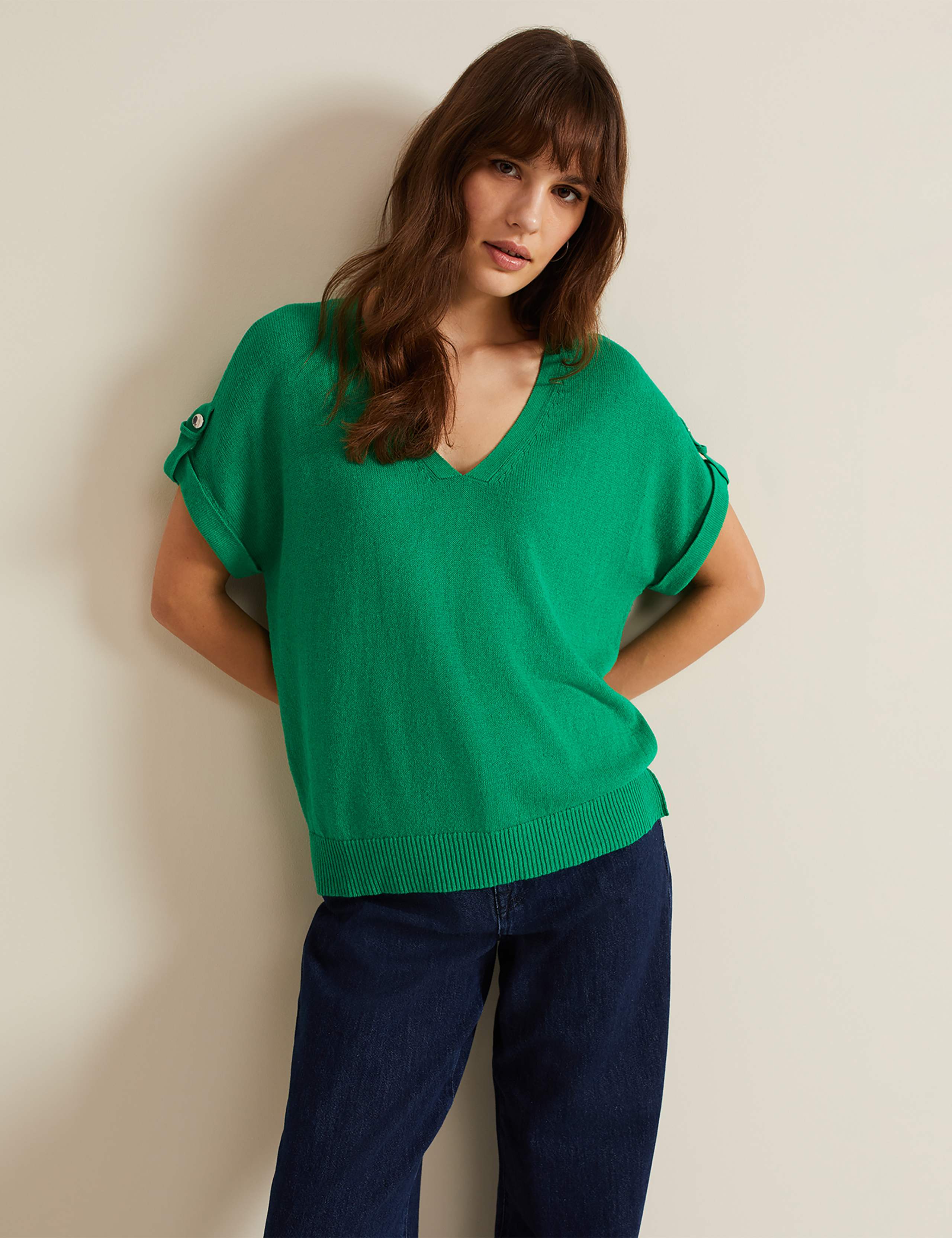 Button Tab Knitted T-Shirt with Linen 1 of 6