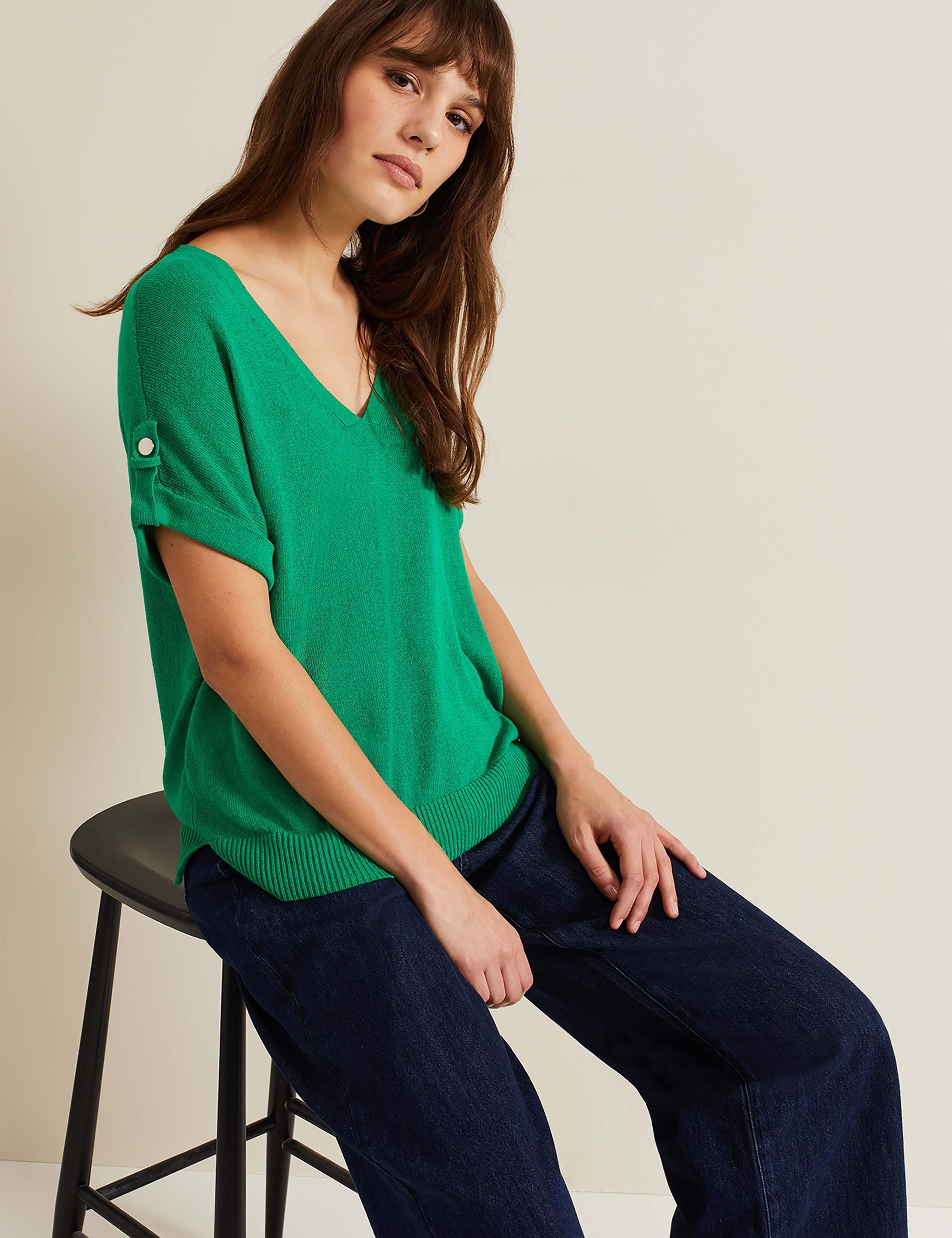 Button Tab Knitted T-Shirt with Linen 6 of 6