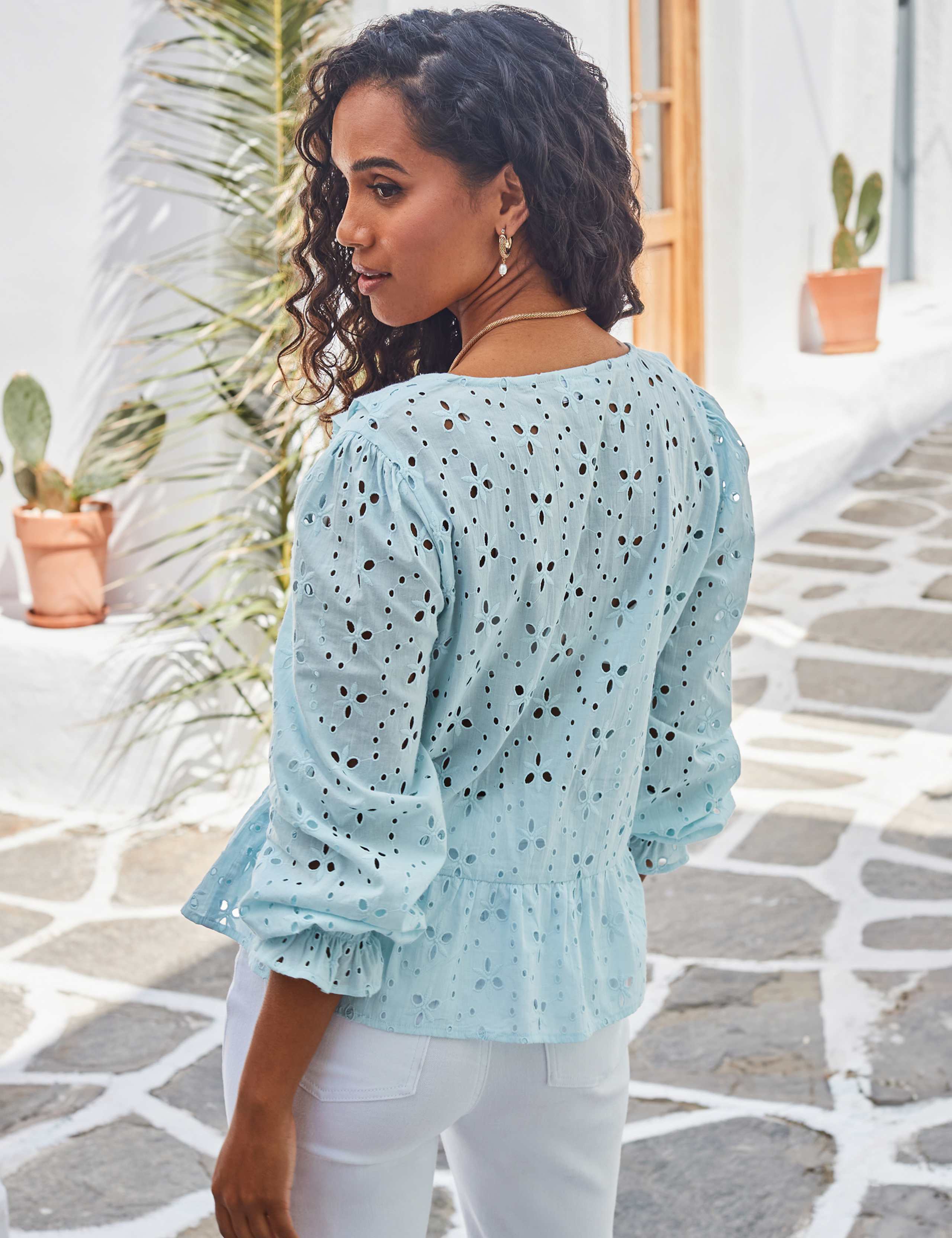 Pure Cotton Broderie V-Neck Ruffle Blouse 4 of 6
