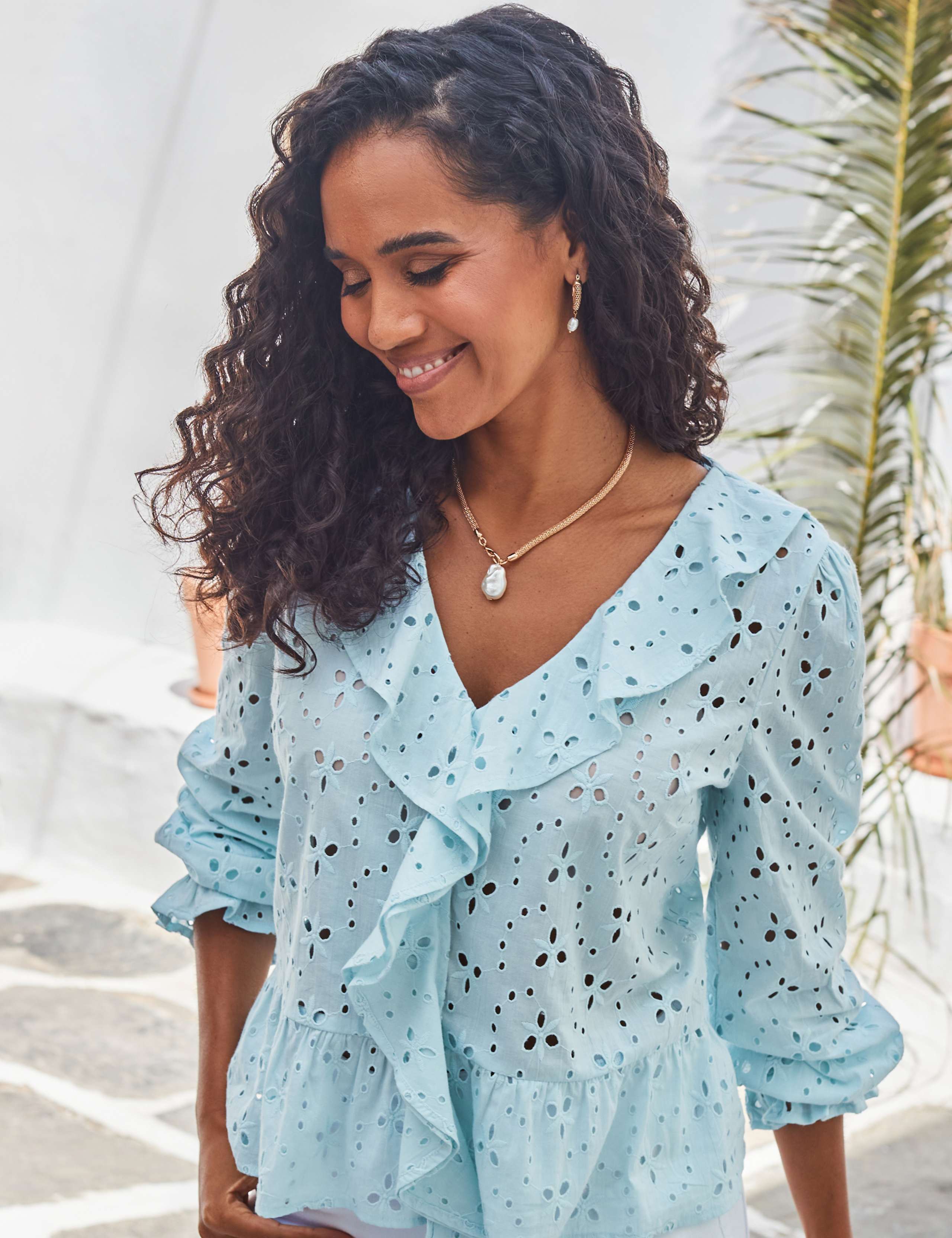 Pure Cotton Broderie V-Neck Ruffle Blouse 6 of 6