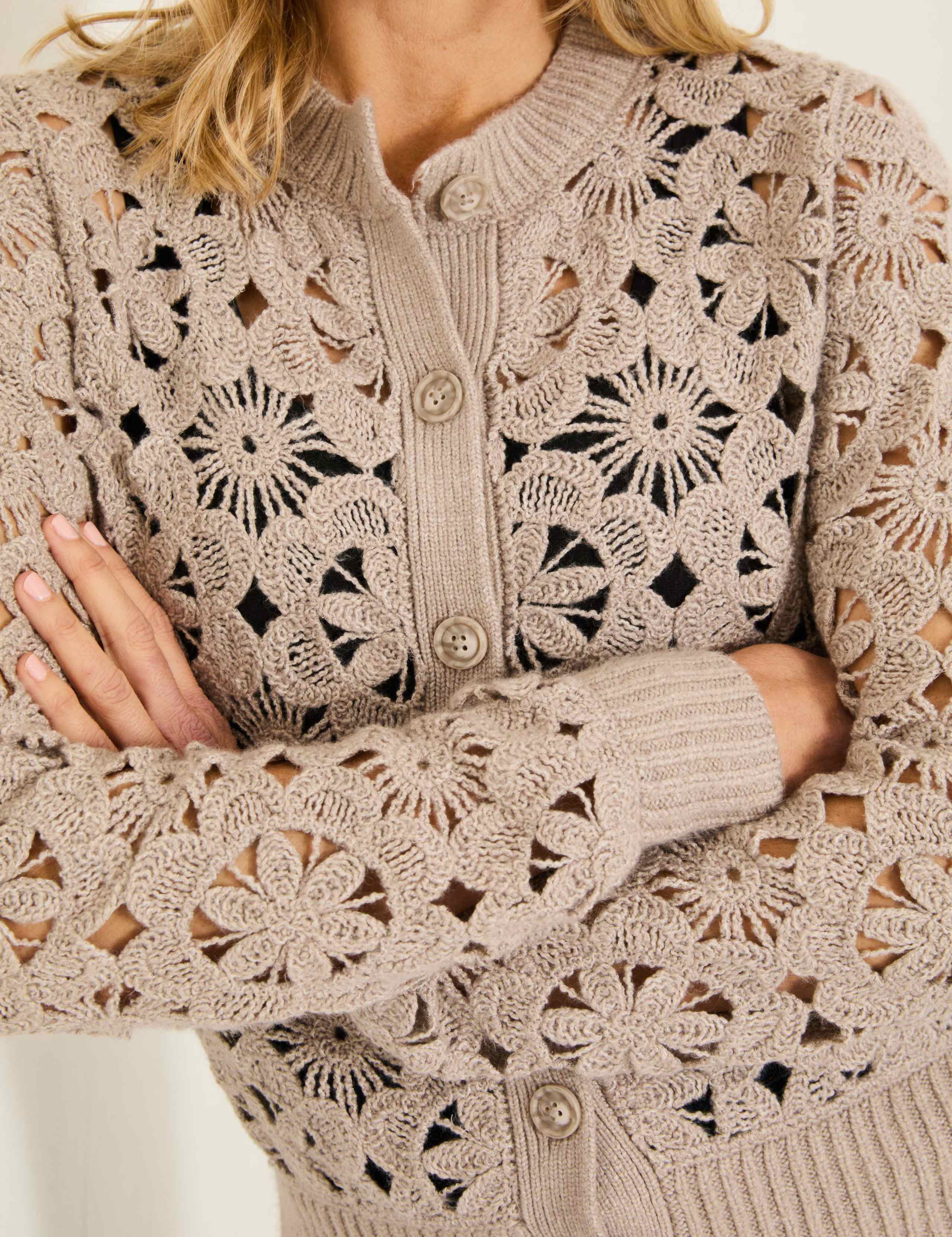 Floral Open Knit Crew Neck Cardigan 5 of 5