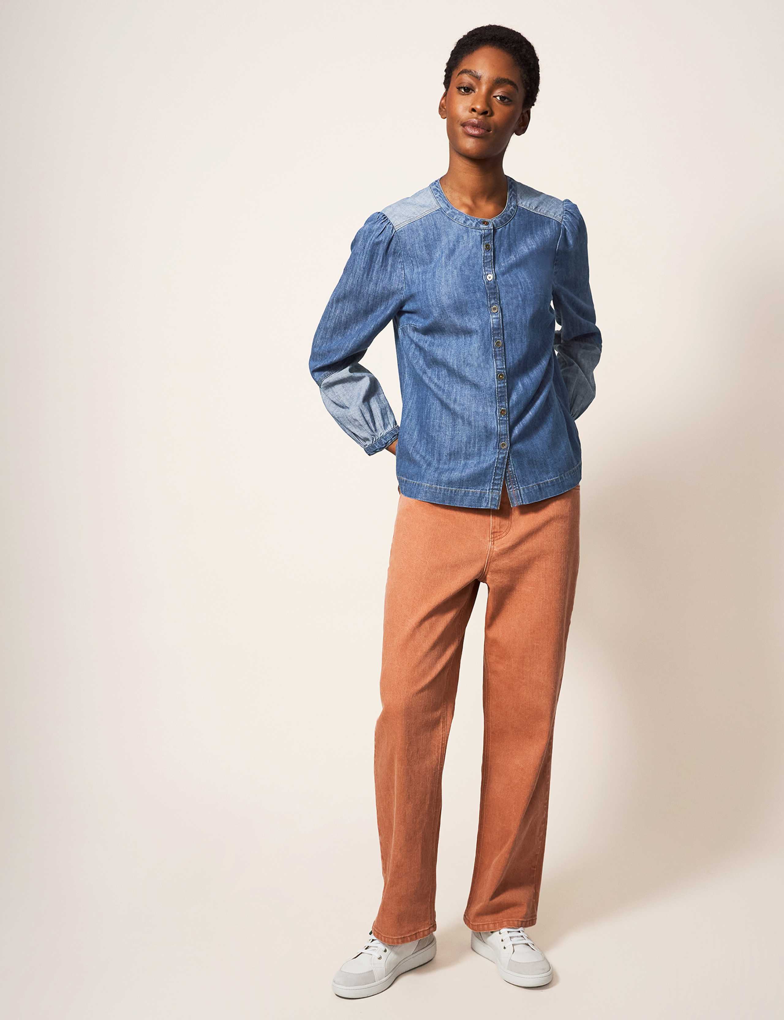 Denim Colour Block Collarless Shirt 1 of 5