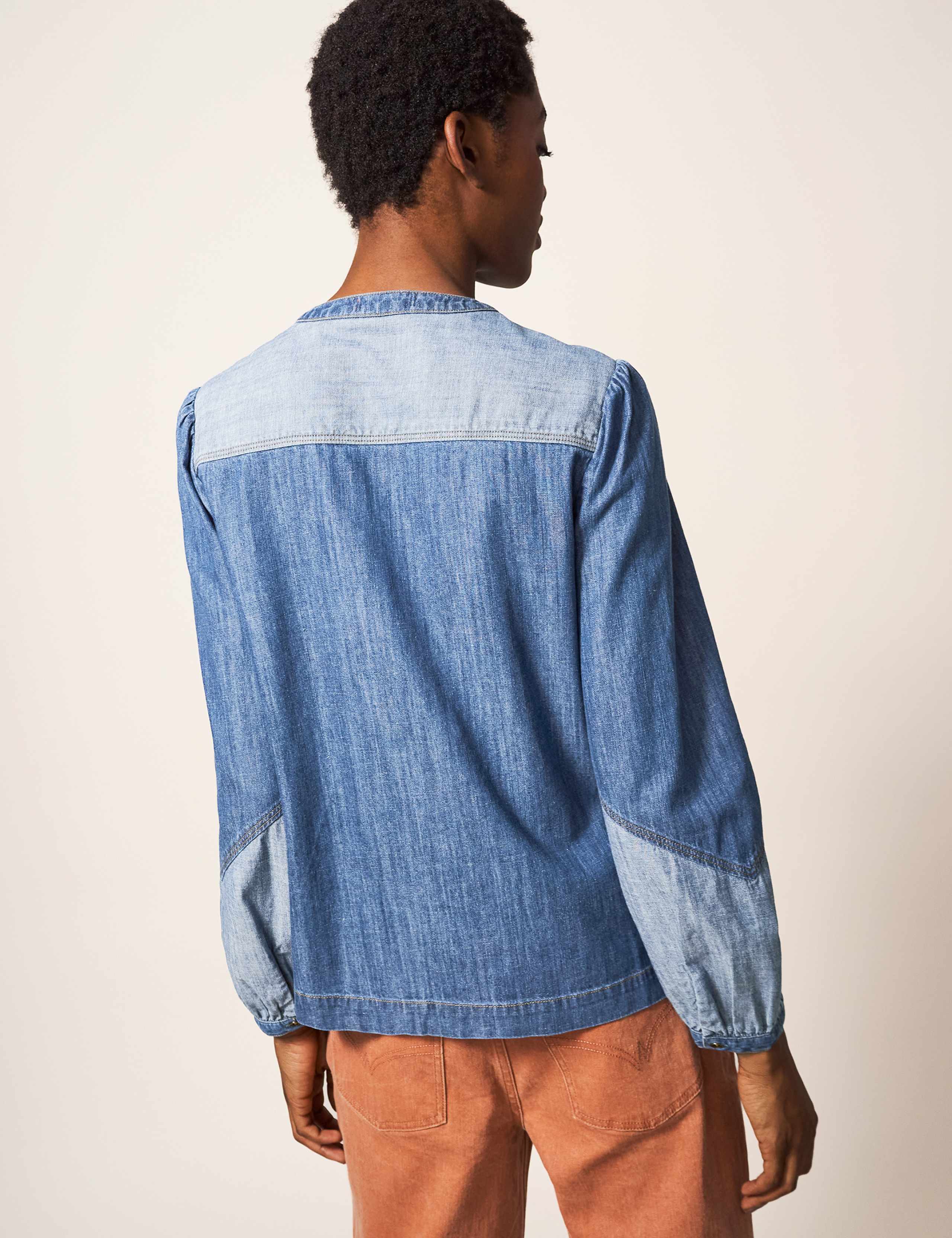 Denim Colour Block Collarless Shirt 3 of 5
