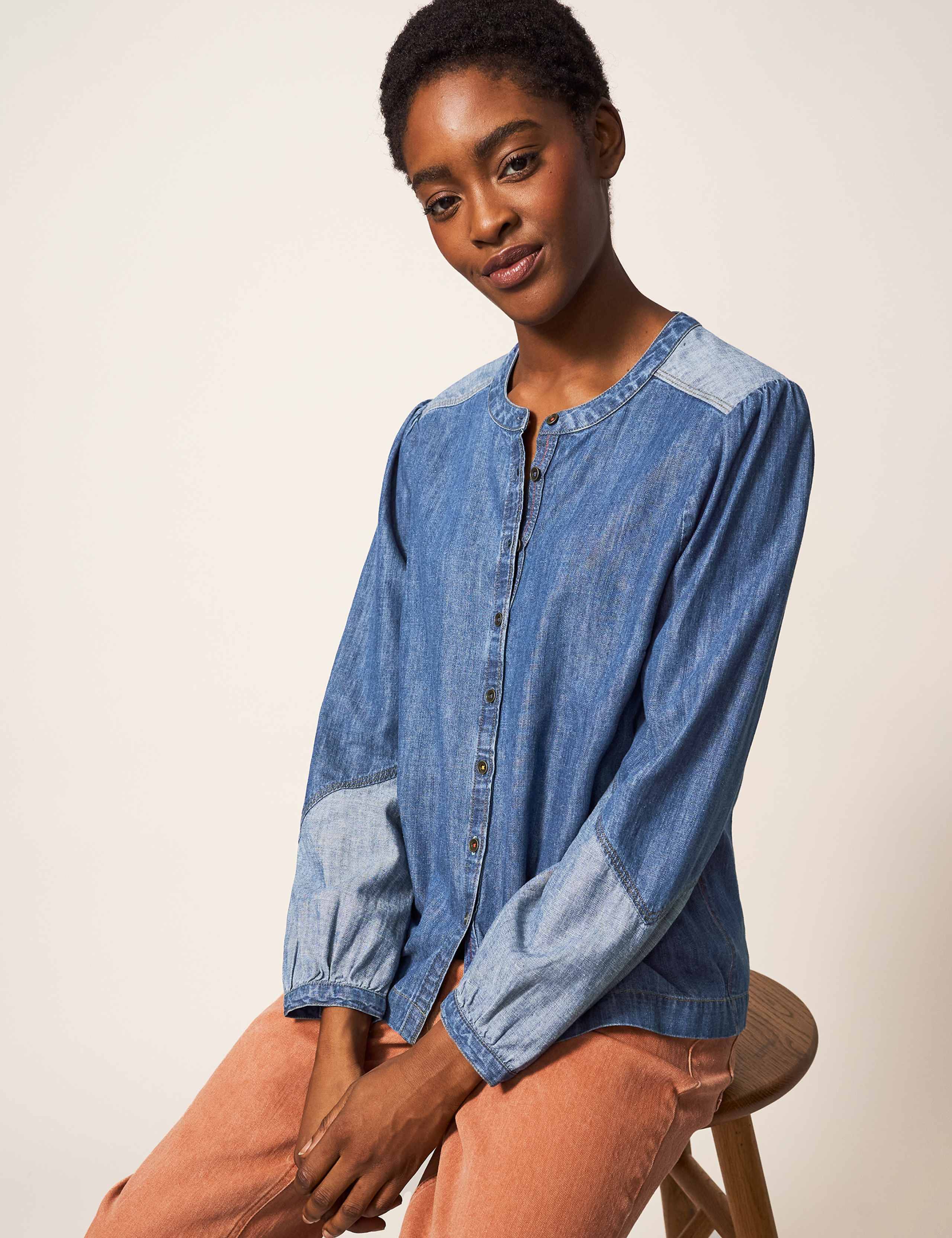 Denim Colour Block Collarless Shirt 4 of 5