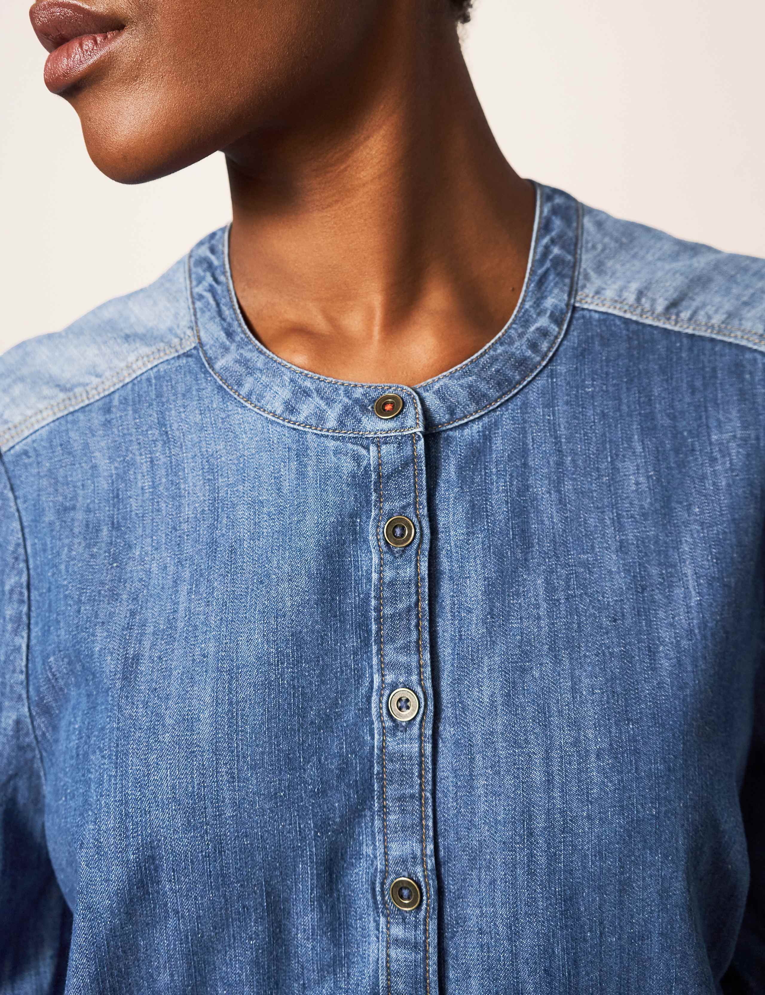 Denim Colour Block Collarless Shirt 5 of 5